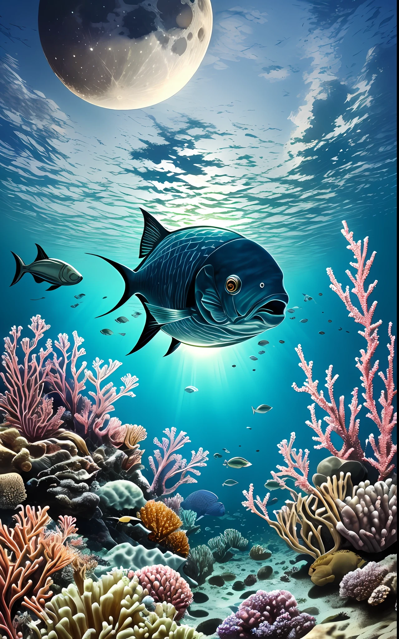 The moon as seen from the bottom of the sea， the night， Eau， nightlight， Fish shadow，Undersea marine life，Beautiful coral reef，The fish，fish flocks