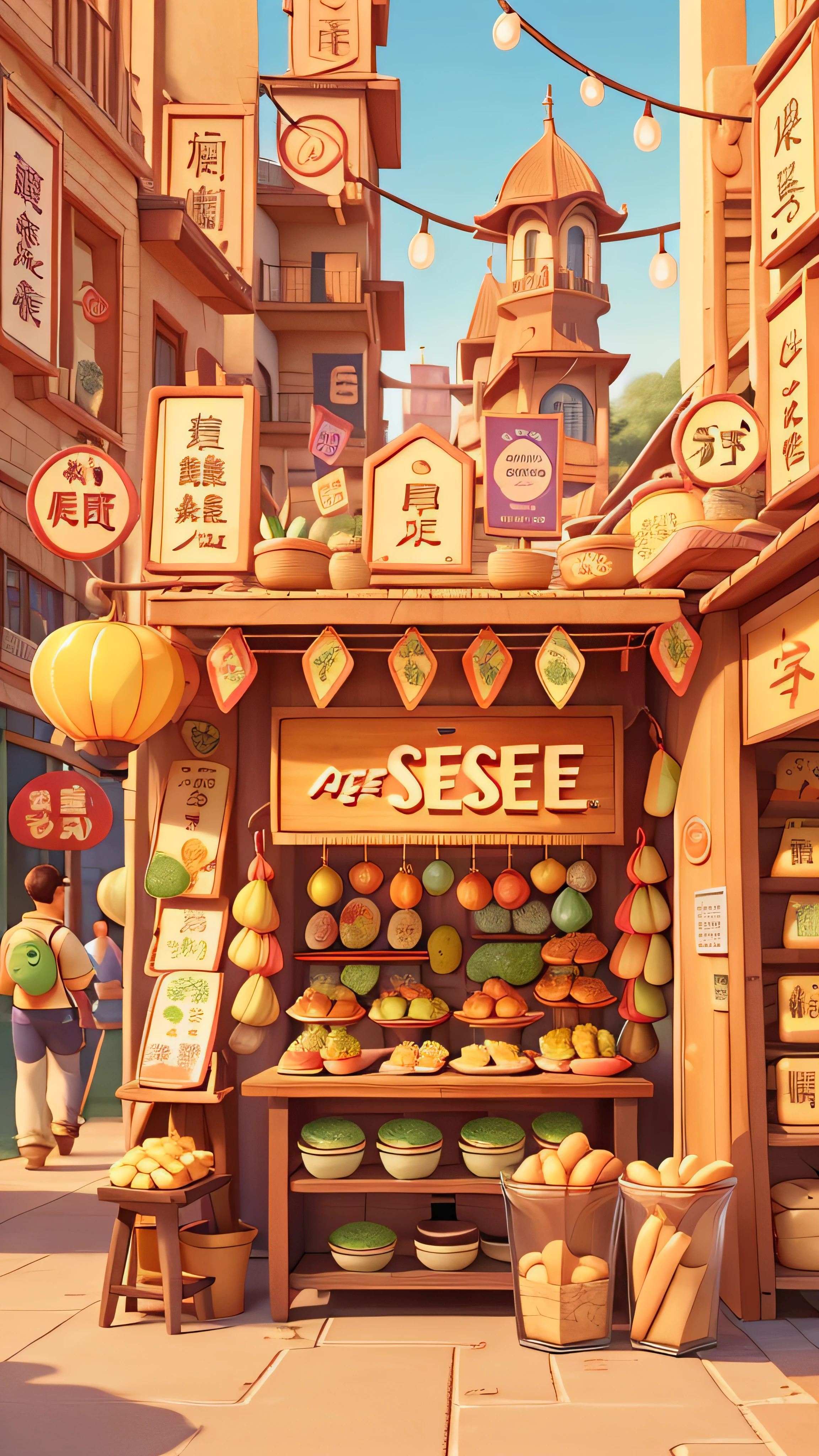 ssee-through,对称,vanishing point,45°,Grill cold noodles,fanciful,grilling skewers,Grill gluten,Milk tea shop,Shops,stall,handpainted,Orange,amarelo,Bright,Pixar style with a 45-degree angle,Disney style,cartoony,Bright colors,Perfect details,article,ui