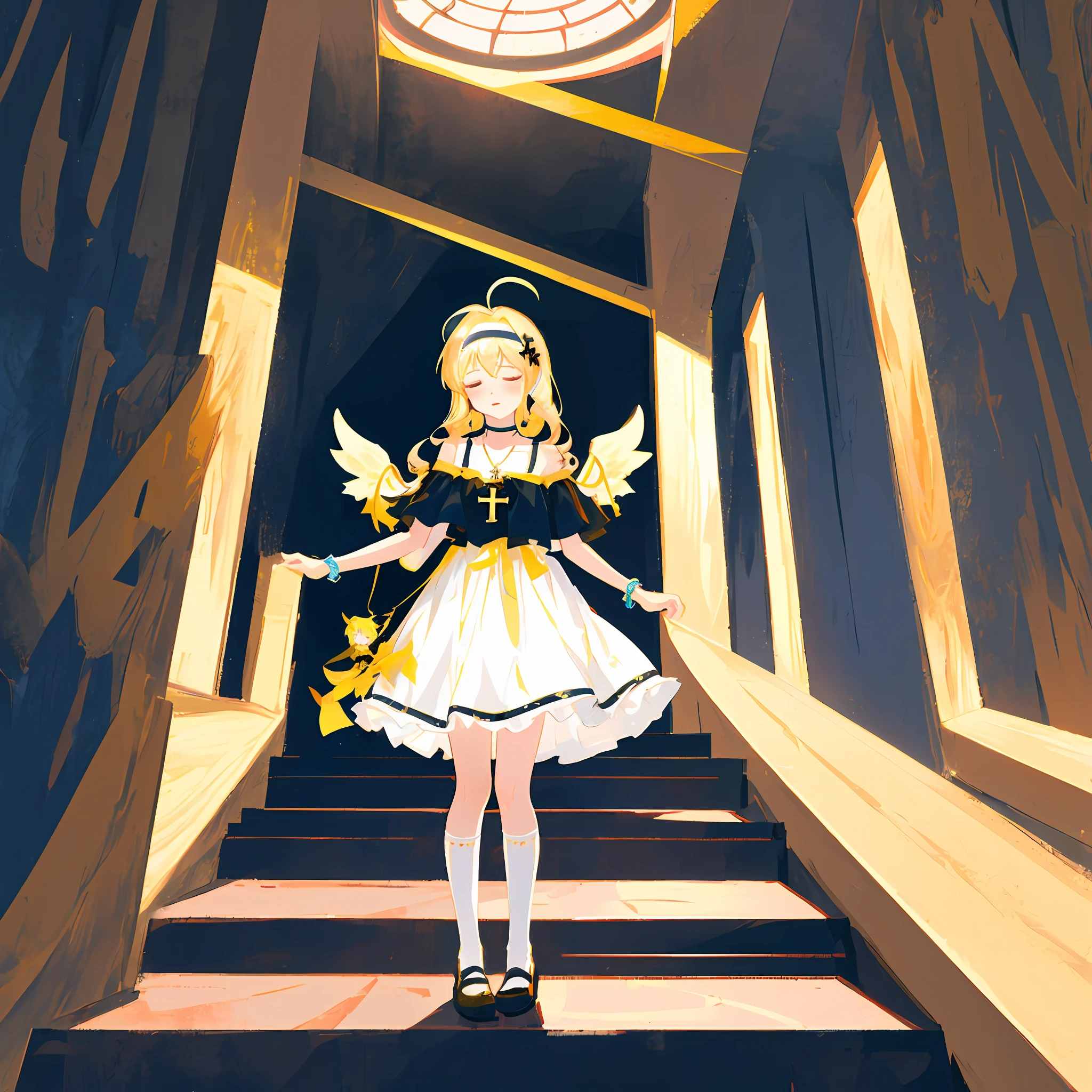 profile,full body,very wide angle shot,High saturation,Overall view,,Perspective,Starry sky,greco-roman architecture,Gothic architecture,chies,Indoors,A high resolution,Game CG,Extremely detailed Cg Unity 8K wallpaper,Detailed manga illustrations,art of light novel,intricately details,A high resolution,angel,Solo,Petite,angelicales,Dragon girl,lolita fashion,Slim waist,Princess,Teenage uncensored,young girl,Babe,ahoge,Very_Long_Hair,Blonde hair,Shiny hair,Blonde_Hair,Blonde_Hair/Yellow_Eyes,looking at the distance,pray,Floating,Own hands together,Detail fingers,Knees Together,Feet up,anklet,Serious,Beautiful detailed eyes,Closed eyes,shoulder cutout,halter dress ,off the shoulder dress,White transparent skirt,Long skirt,Pleated dress,White pantyhose,kneehighs,White_upper legs,mary_janes,thigh band,Hair ribbon,Hair accessories Hair bow,Cross necklace,Headband,Tiny_chest,Beautiful detailed sky,Ray tracing,Masterpiece,Clear picture,Pedras preciosas,ahoge,leg loops,