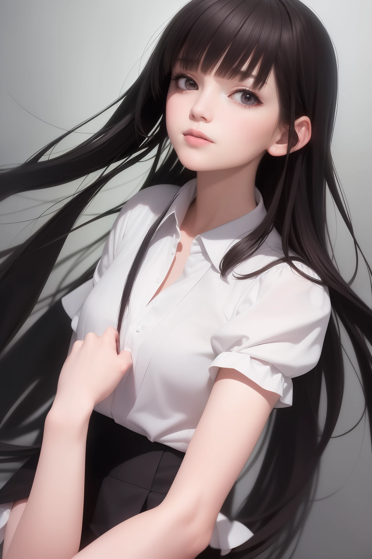 ((masterpiece, best_quality)), 1girl, (photorealistic:1.4),  solo, white_background, black_hair, long_hair,   zettai_ryouiki, skirt, ((full_body)),
