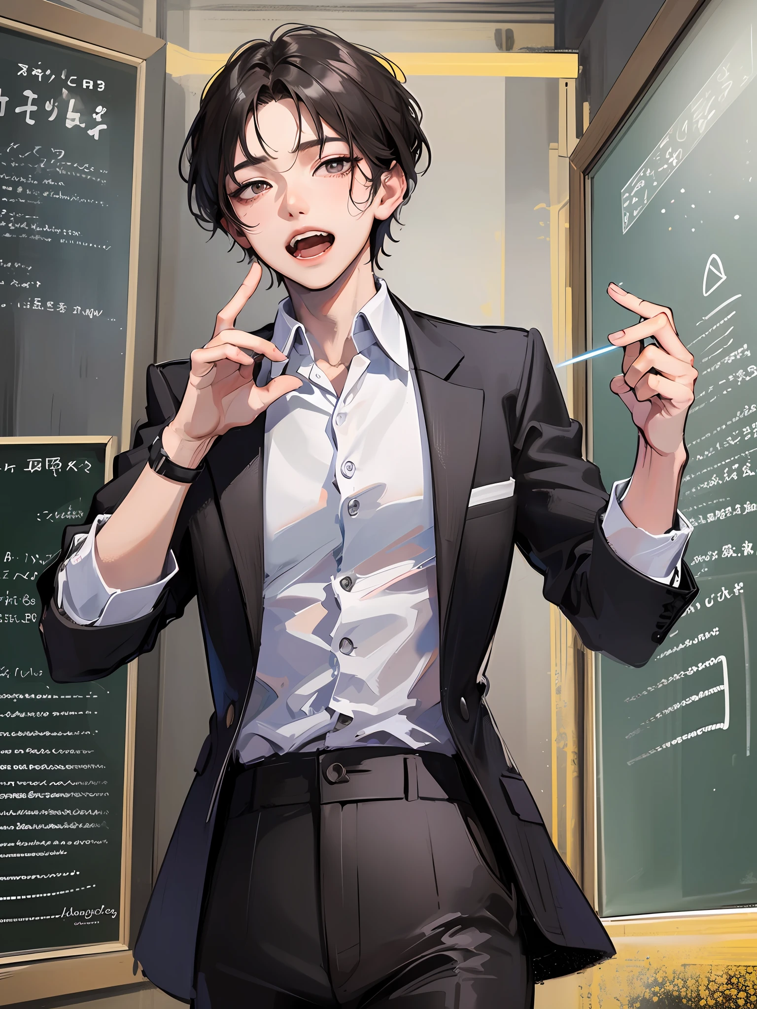 Young male teacher, Dress neatly, Professional clothing, Well organized impression, youthfulenergy, Smooth skin, Bright eyes, Gentle and confident expression, Straight waist, Tall and confident, An air of tenacity and determination, Determined gaze, open open mouth，Toothy laughter, Passion and dedication，Chalk in your hand，blackboards，‎Classroom，tmasterpiece，Best quality at best，4K，8K，high qulity，A high resolution