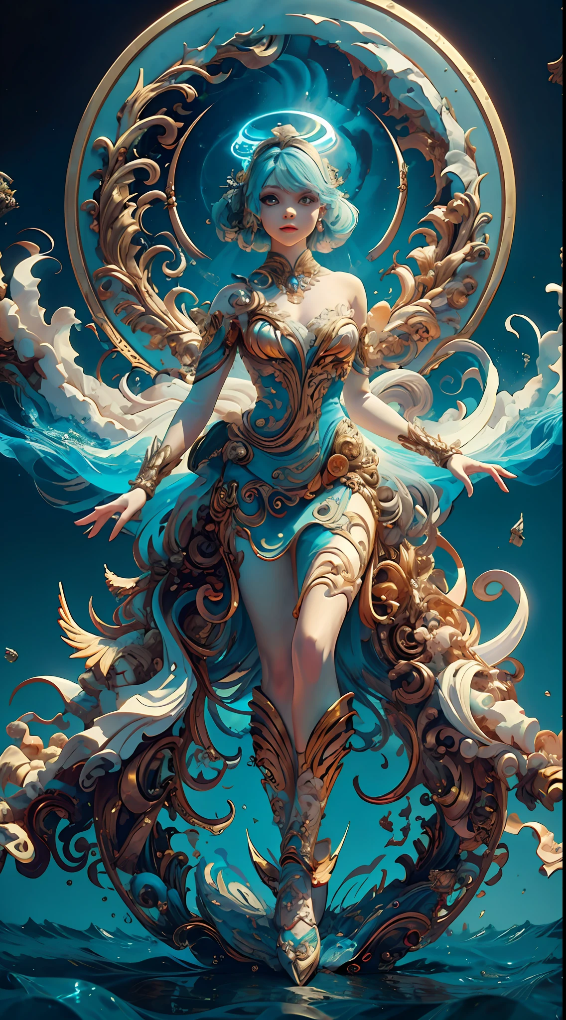 ((Bestquality)), ((A Masterpiece)), ((realisti)), portraits,1girle,full body portrait, celestial bodies, The god, a goddess, Light particles, Halo, looks at the viewer, Firm eyes, Bare Shoulders, Chest tube parietal, Poker face,(bioluminescense:0.9 girls 5)Ocean, bioluminescense, full of energy, colorful,,,,, colour, (bioluminescence, bioluminescence),(Beautiful composition), Cinematic Lights, Wheels within wheels, (symmetric:0.5 girls), Whimsical,