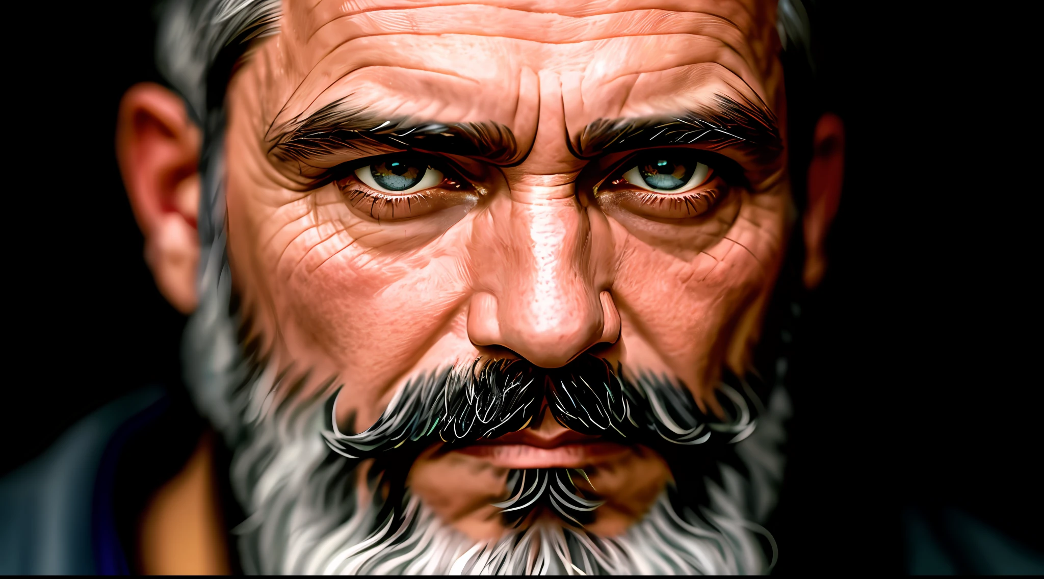 A portrait of a middle-aged, bearded man with piercing eyes, detailed face, tall details, photography, dark studio, rim light, Nikon D850, 50mm, f/1.4