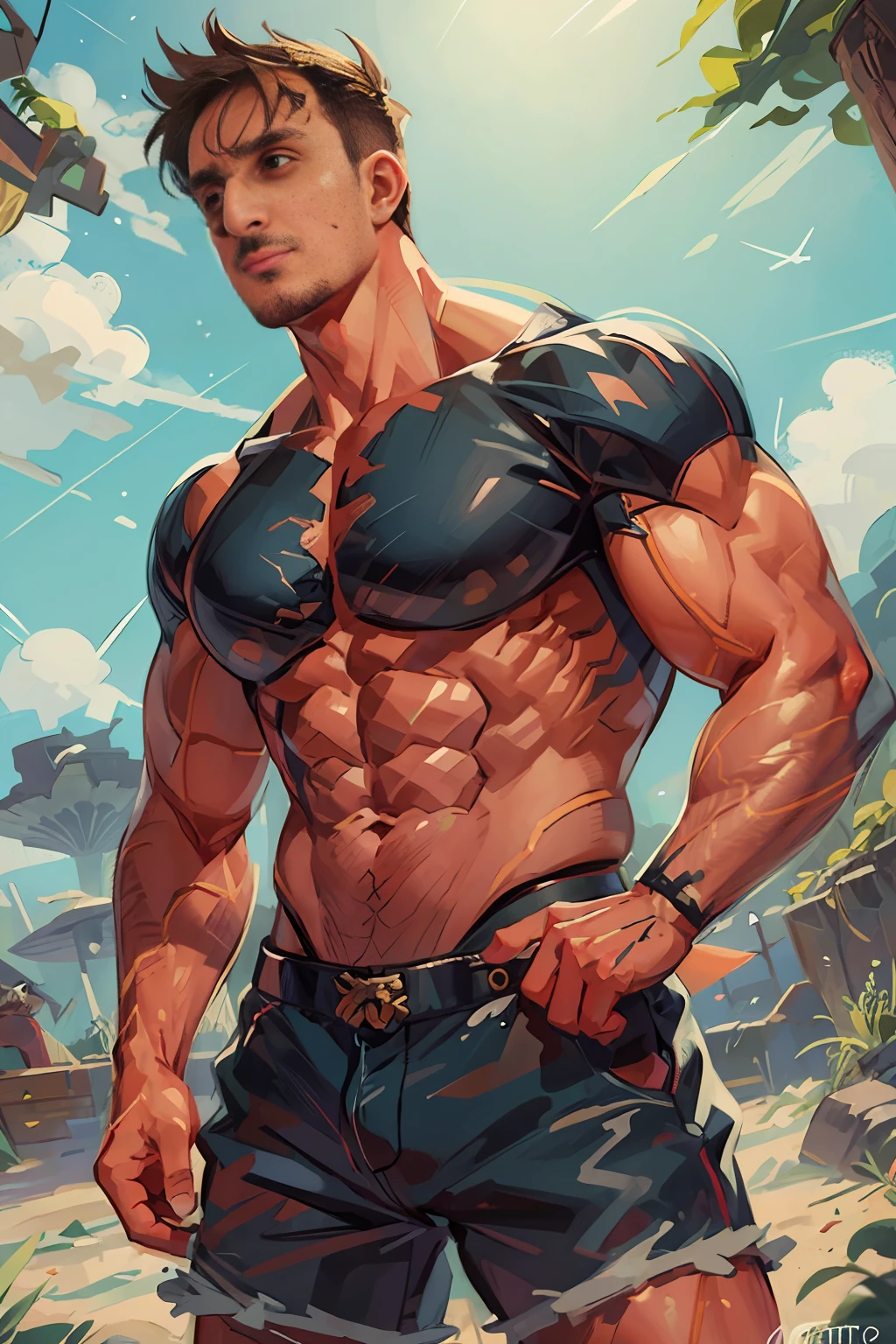 Homme Arafard debout sur le sable, male, Muscle Boy 26 ans, grand, musculaire, inspired, Strong and muscular, ABS developed, musculaire, muscle man, ripped, beau corps, fort, calme militaire parfait, Tir sur le haut du corps.