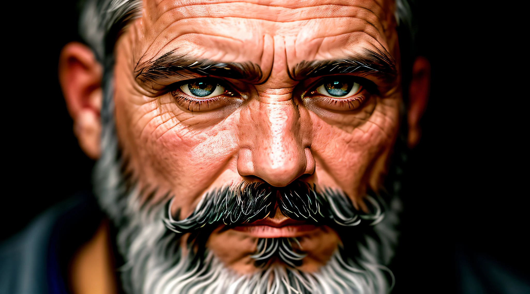 A portrait of a middle-aged, bearded man with piercing eyes, detailed face, tall details, photography, dark studio, rim light, Nikon D850, 50mm, f/1.4