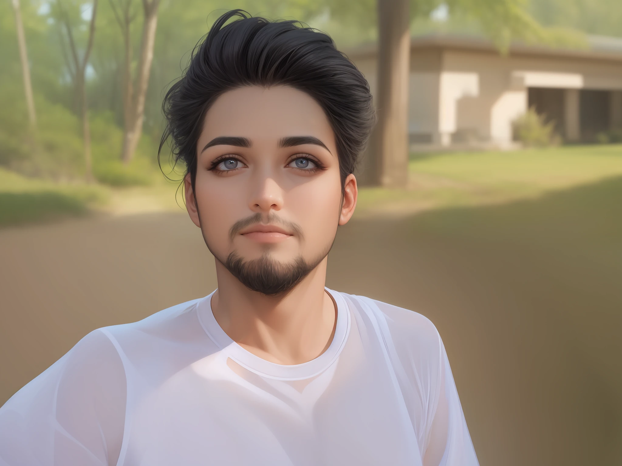 Change the eyes into a boys eye,Change background simple, restore face,make boy, beard, realistic eye, realistic face, full detailed, Ultra detailed,