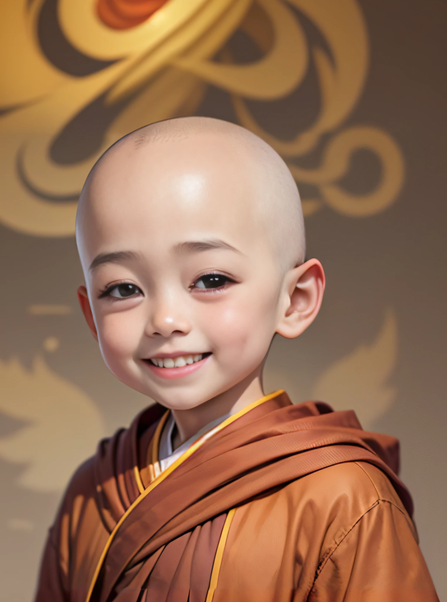 The Arad child, with a shaved head and brown robes, smiled at the camera, Buddhist, buddhist monk, portrait of monk, aang, monk clothes, avatar aang, yanjun cheng, wojtek fus, monk, wearing brown robes, 2 1 st century monk, concept art of a monk, ruan jia beautiful!, portrait shooting, nivanh chanthara