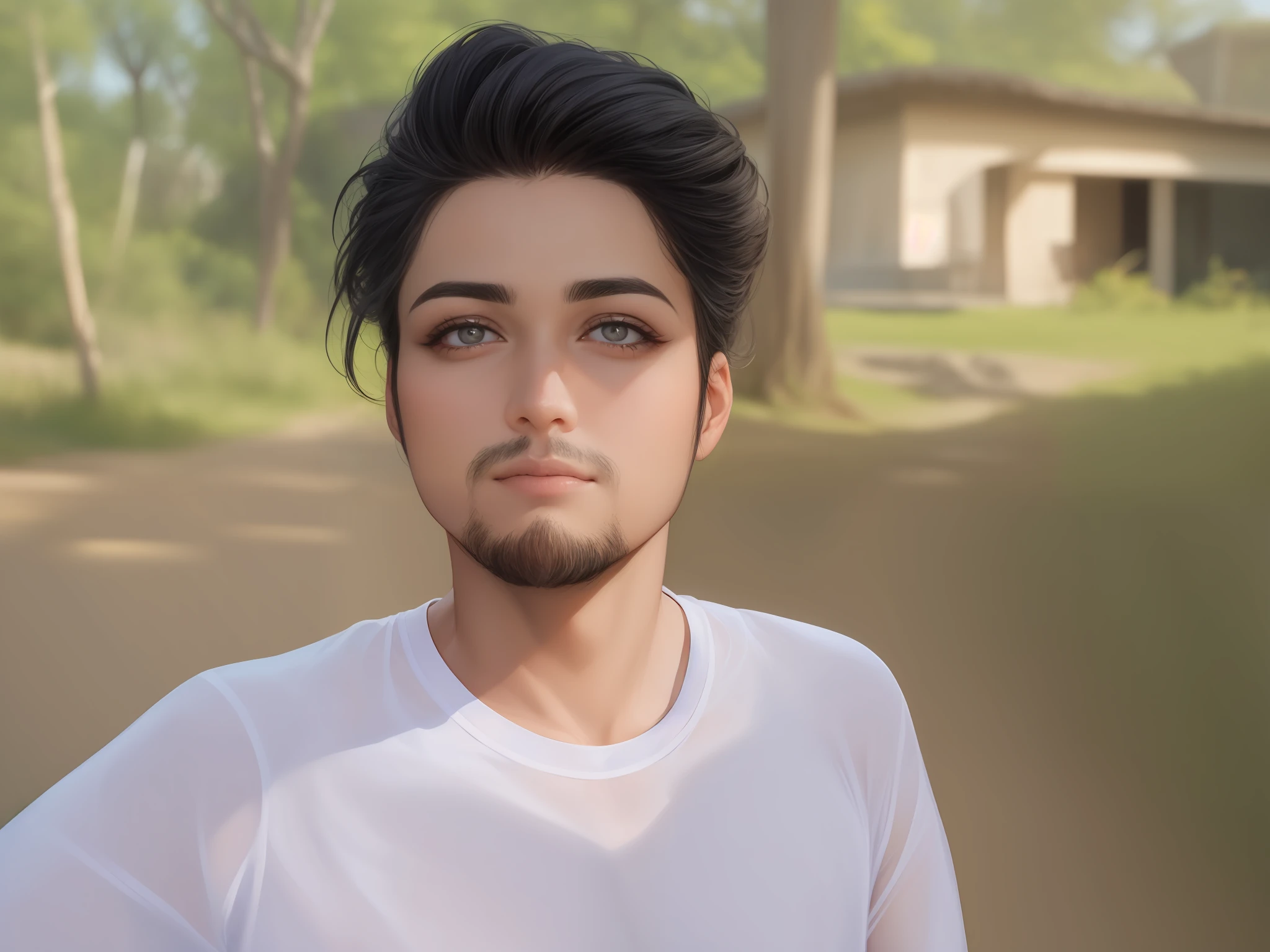 Change the eyes into a boys eye,Change background simple, restore face,make boy, beard, realistic eye, realistic face, full detailed, Ultra detailed,