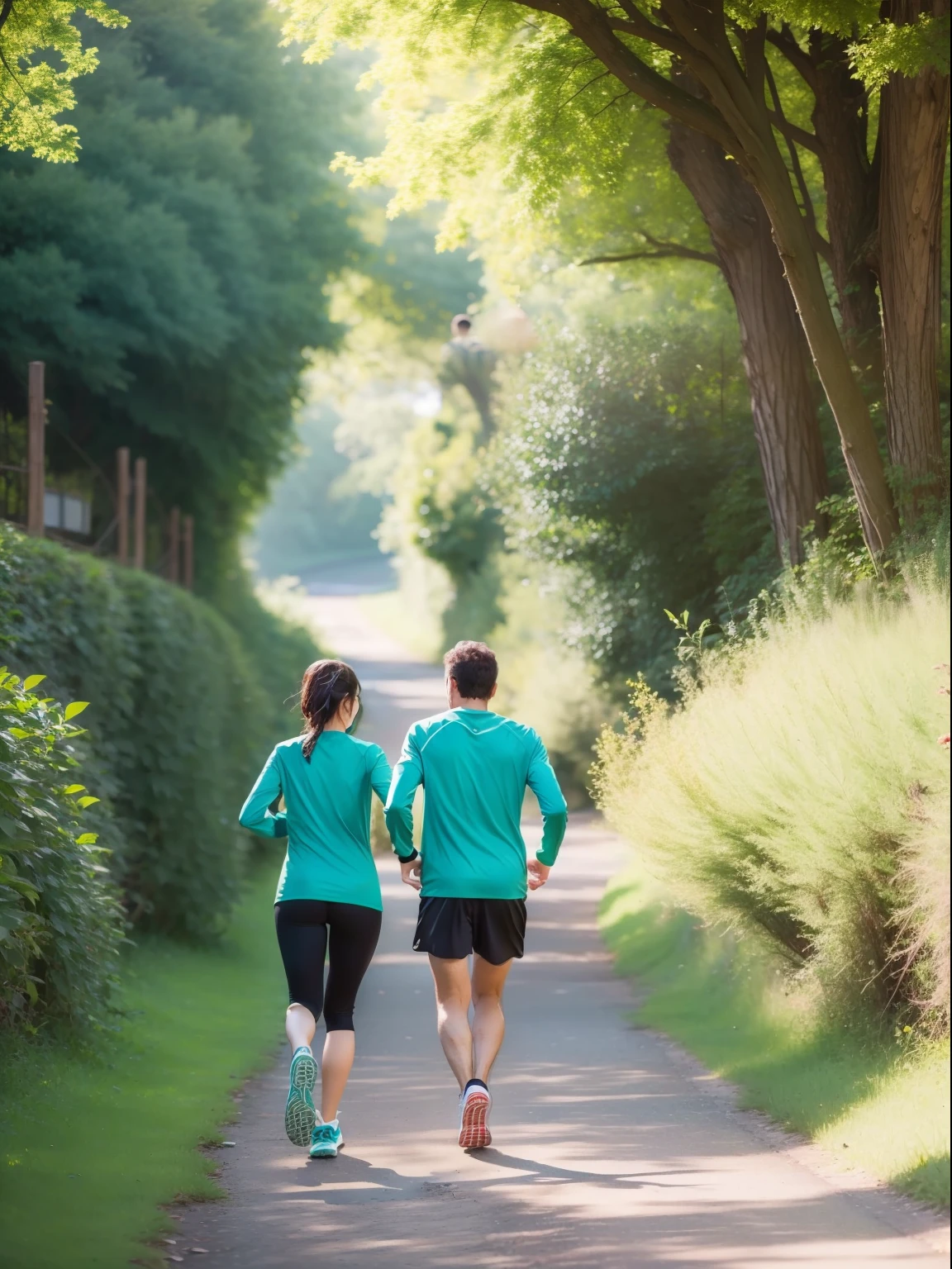Woman and man jogging in beautiful nature with their backs to the camera