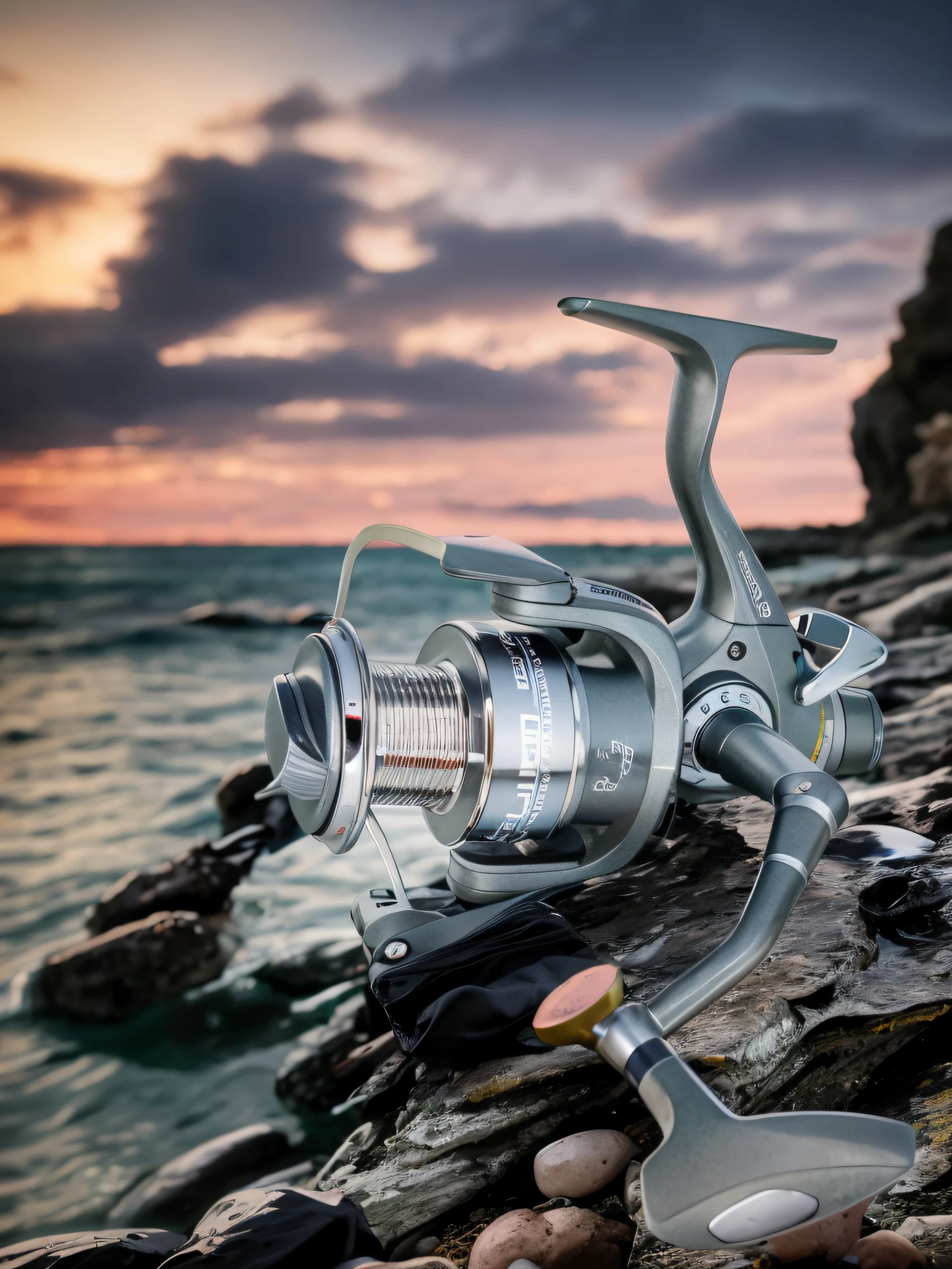 Arafed fishing reel on a rocky beach with sunset in the background, high detail product photo, highly detailed product photo, in style of ultra realistic, high quality product photo, portrait shot, the robot has a fishing rod, Julian Allen, high detailed photo, close up portrait shot, wide portrait, high-quality photo, fishing, State-of-the-art high-sharpness photography