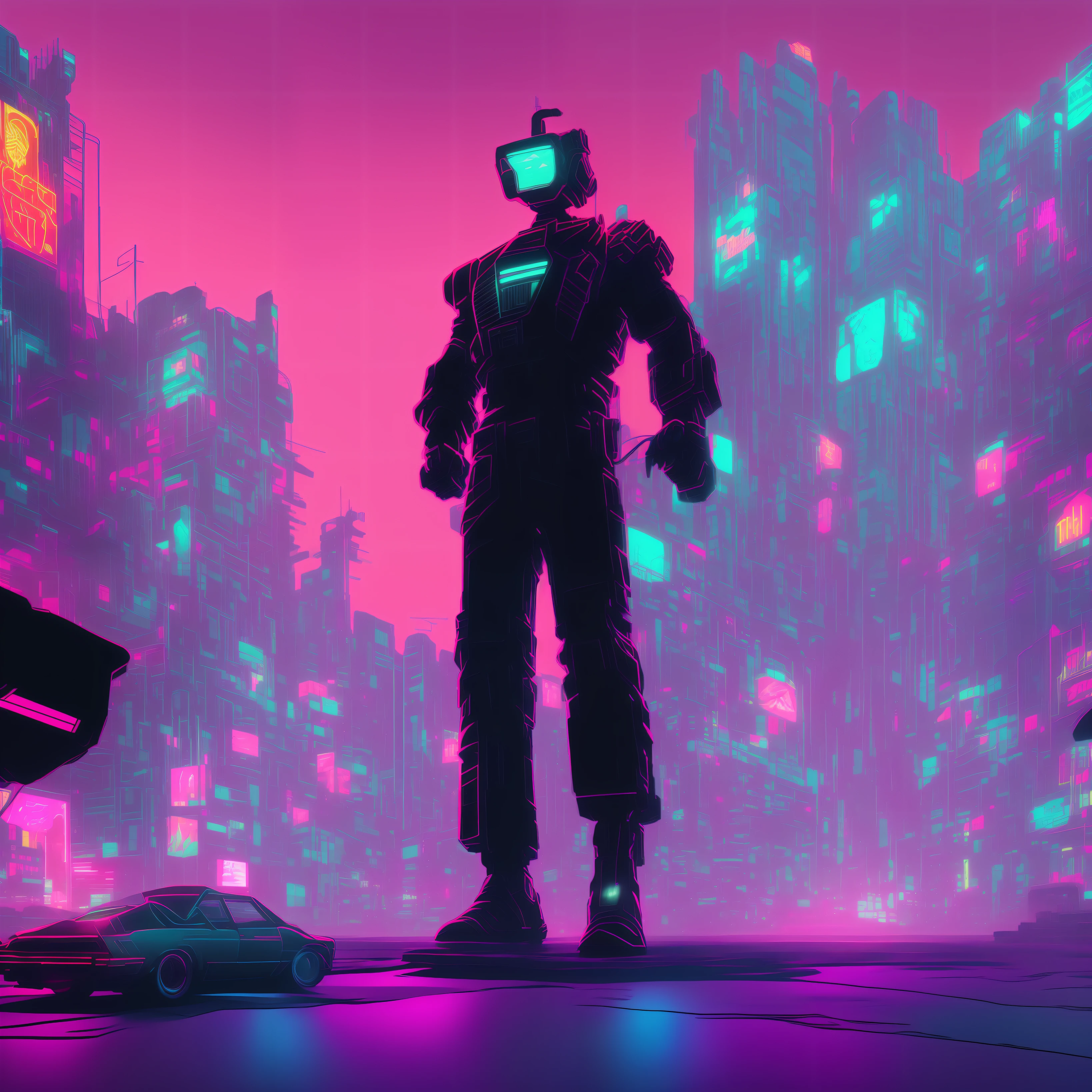 Estilo Synthwave, synthetic wave, synthwave art style, 80s style synthwave, synthwave inspired, Dark synthetic waves, synthesizer, synth wave neon retro, 8 0 s synthwave,, synthwave art，A giant robot runs through cyberpunk-style city streets
