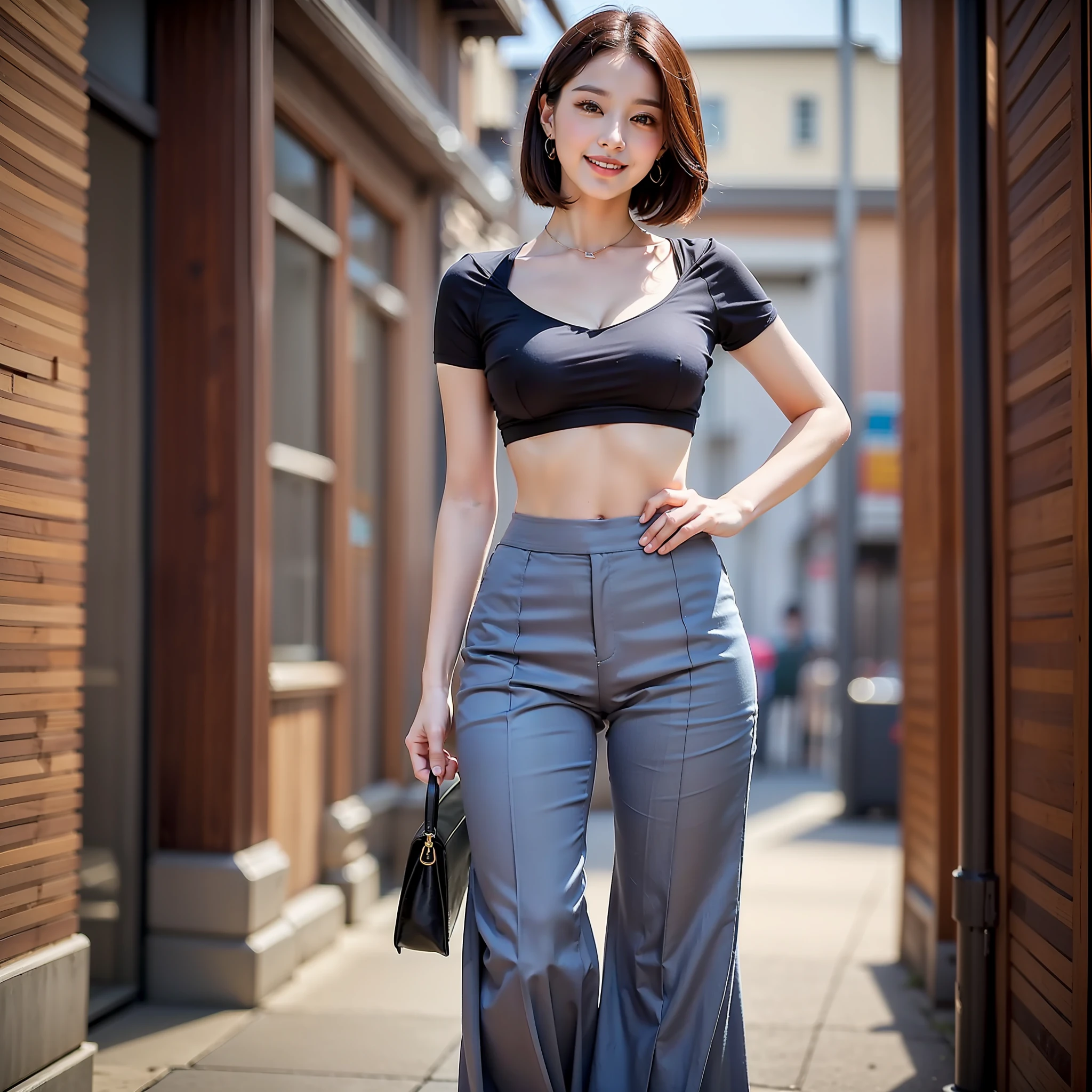 ((top-quality、8k、​masterpiece:1.3))、Beautiful One Woman in Perfect Style、affectionate smile、Wide pants、Gaucho Pants、Flared pants、pleatedskirt、formal pants、skinny pants、big breasts thin waist、abdominals、Sexy ass、slim legs、