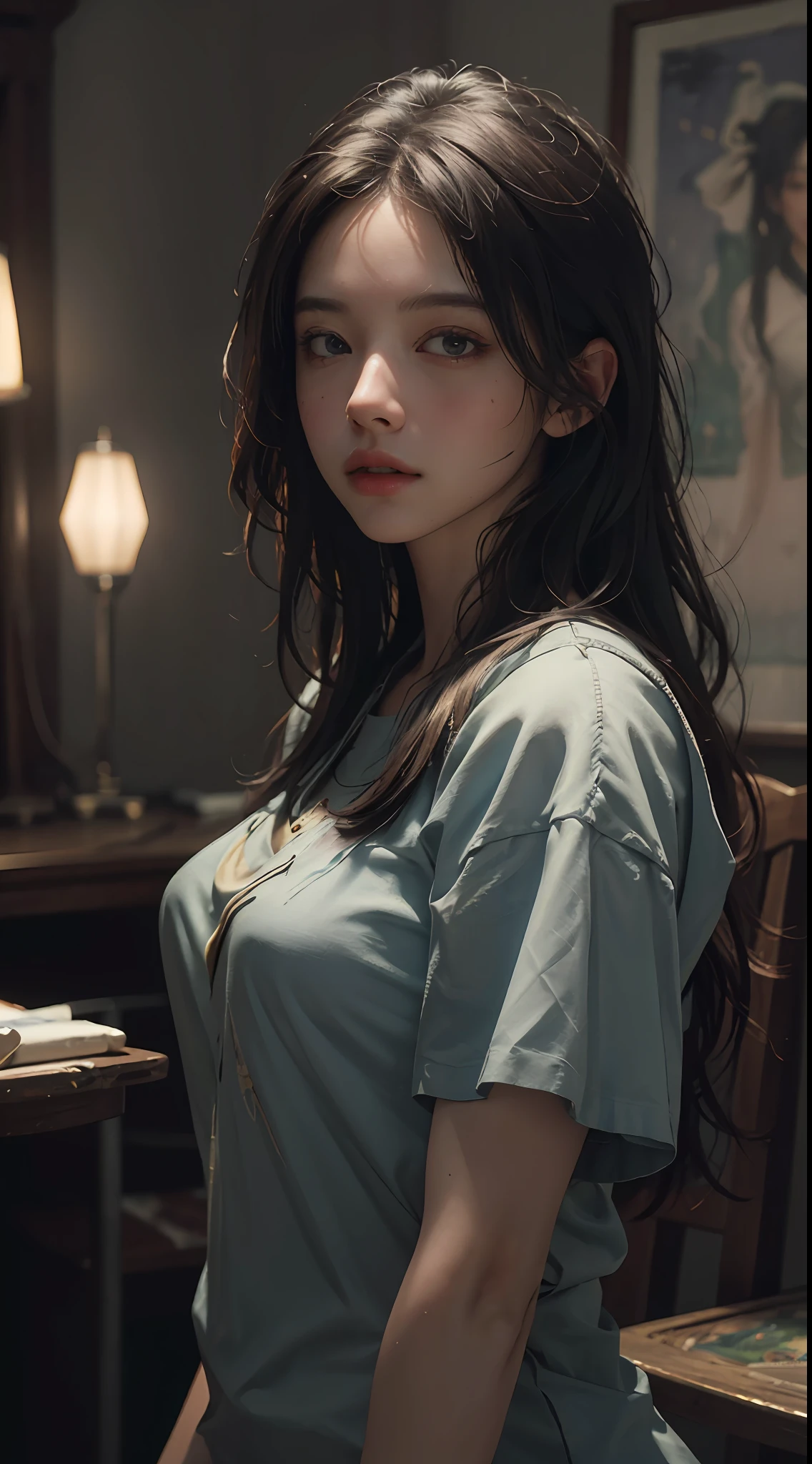 (RAW photo, best quality), (realistic, photo-realistic:1.3),best quality,highly detailed,masterpiece,ultra-detailed,illustration,1girl,upper_body,dynamic angle,world masterpiece theater,messy_long_hair,best quality,extremely detailed CG unity 8k wallpaper,ink,Amazing,cinematic lighting,lens_flare, dunhuang_style