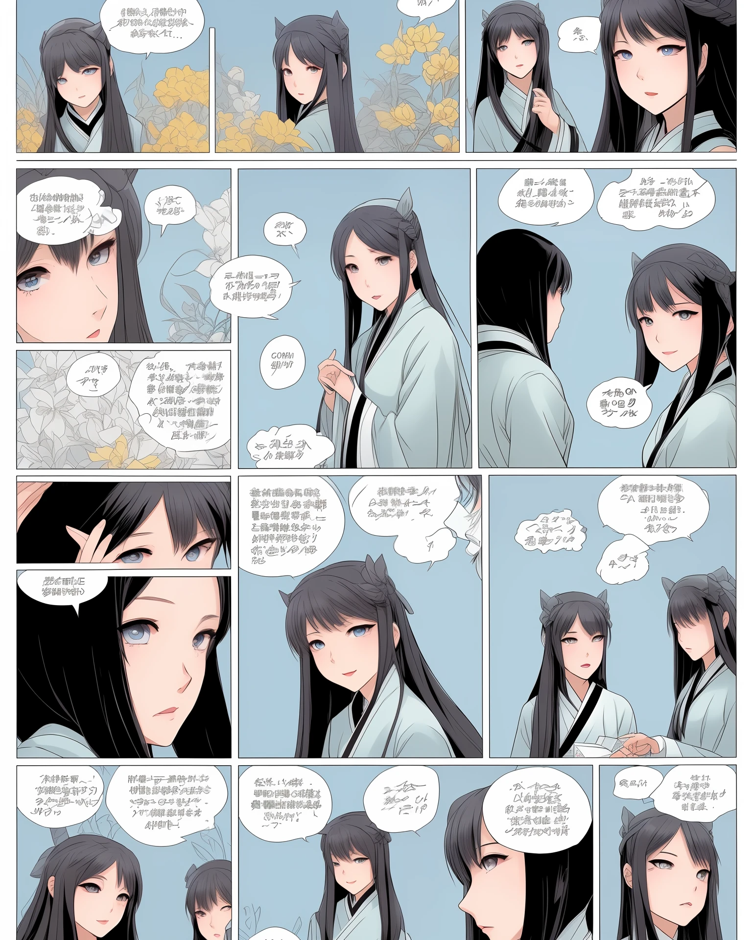 female pervert，whaite hair，Pale blue eyes，white hanfu，comic strip