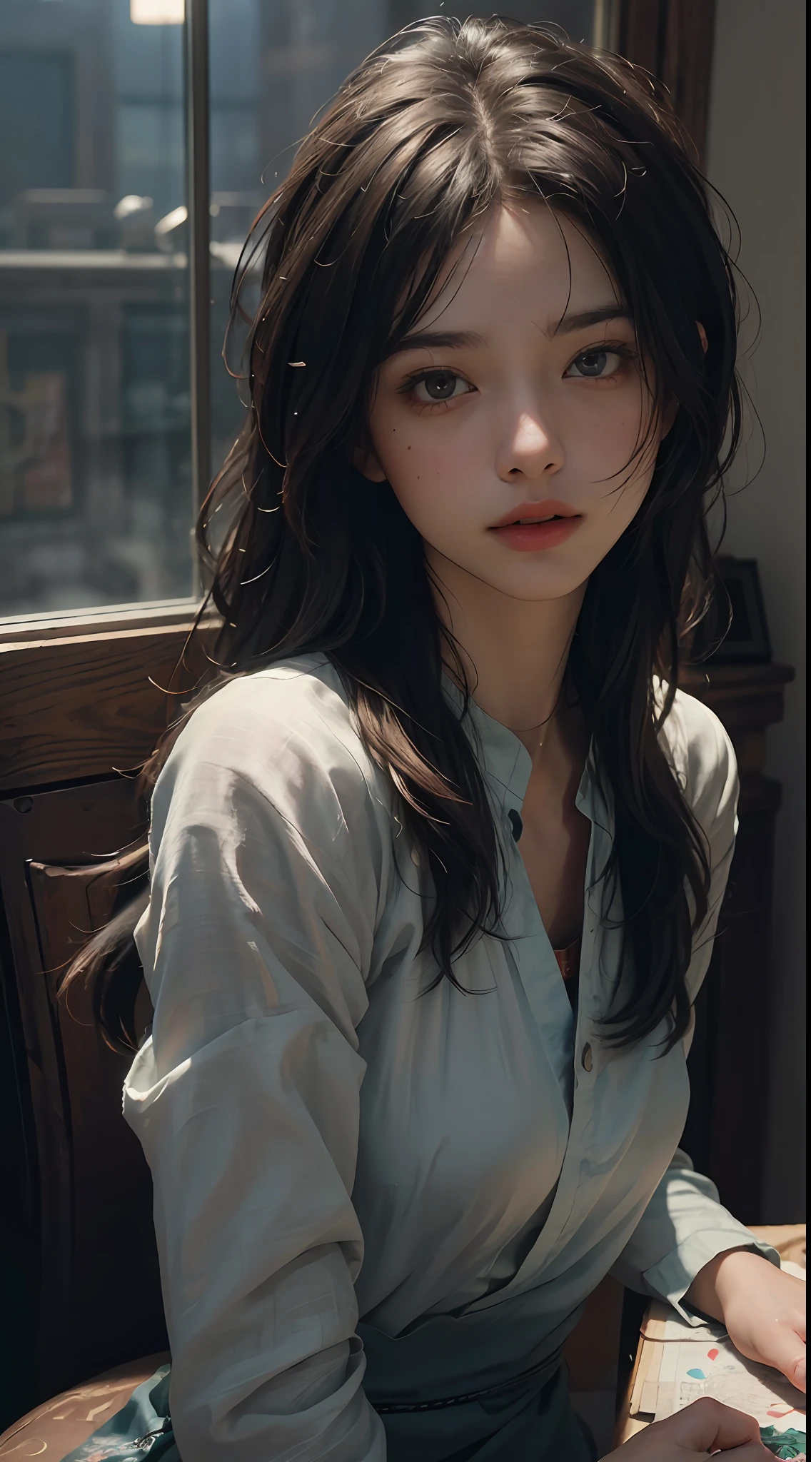 (RAW photo, best quality), (realistic, photo-realistic:1.3),best quality,highly detailed,masterpiece,ultra-detailed,illustration,1girl,upper_body,dynamic angle,world masterpiece theater,messy_long_hair,best quality,extremely detailed CG unity 8k wallpaper,ink,Amazing,cinematic lighting,lens_flare, dunhuang_style
