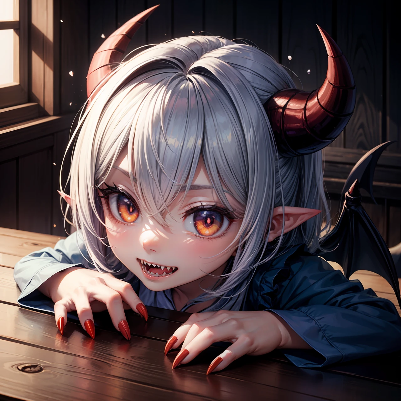 Splash art, cute demon girl, demon wings, sharp teeth, cute blue summer dress, showing claw hand, with small red claws on fingers, looking to viewer, on wooden table, stunning beauty, [[chibi]], close-up, muted colors, deep shadows, epic, trending on Pixiv, 4k