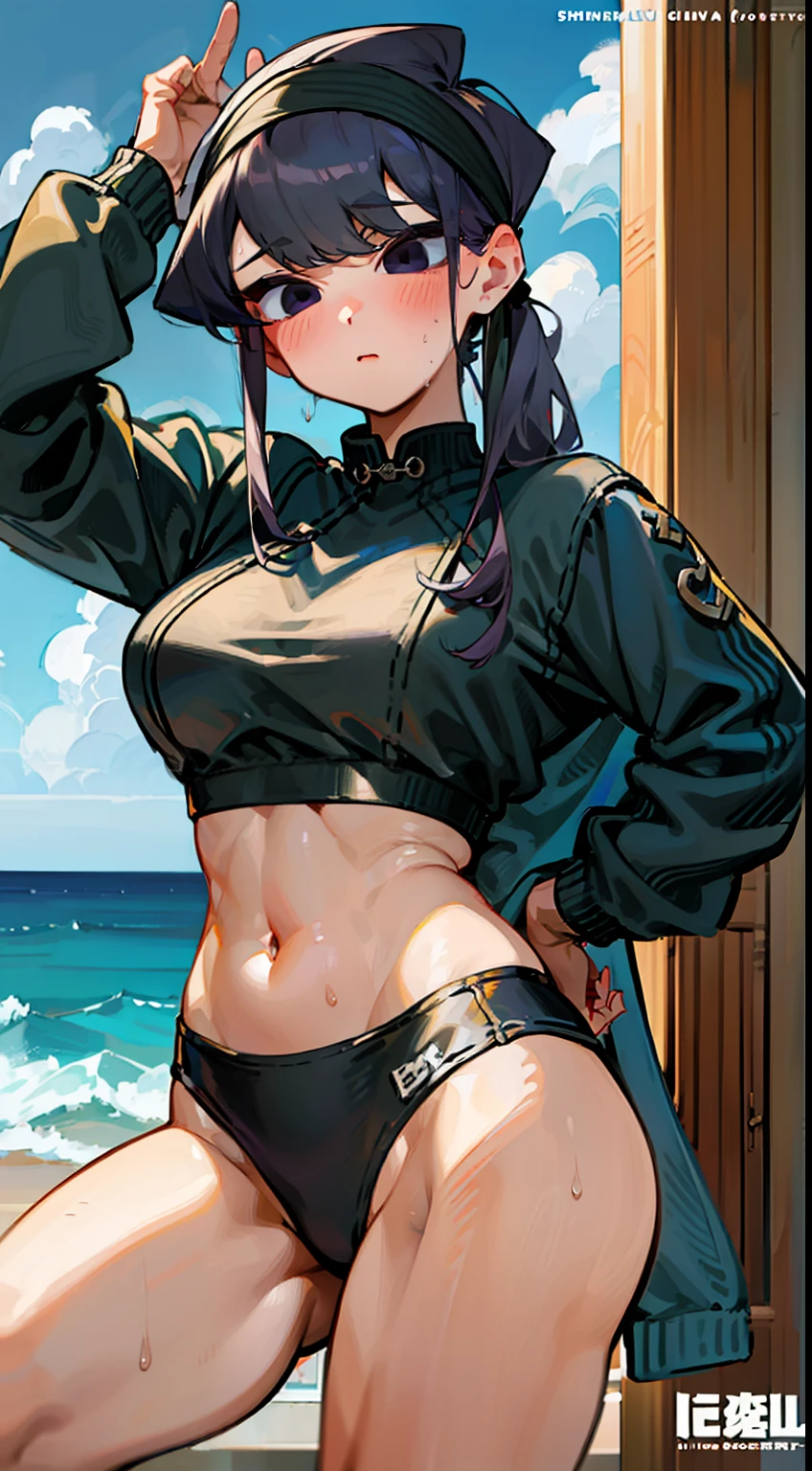 komi shouko,sweatshirts,Sweat,White headband,Reveal a fleshy belly,Feminine abs,Fleshy thighs,Simetall,Chest open,Full muscles,Tall,Ocean park,Simetall,Comic cover style,Comic cover title,China-style