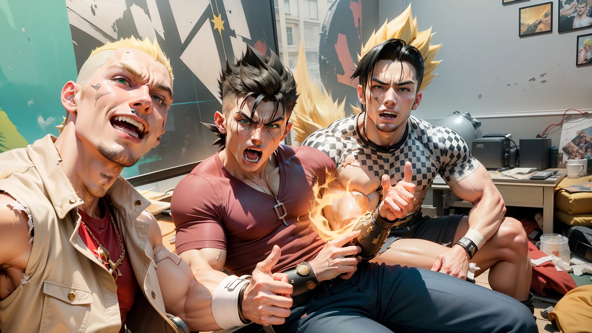 , 1boy, battle damage, blonde hair, blue sash, clenched teeth, furious, green eyes, male focus, muscular, muscular male, pectorals, sash, solo, spiked hair, super saiyan, super saiyan 1, teeth, topless male, torn clothes, wristband, ((masterpiece))