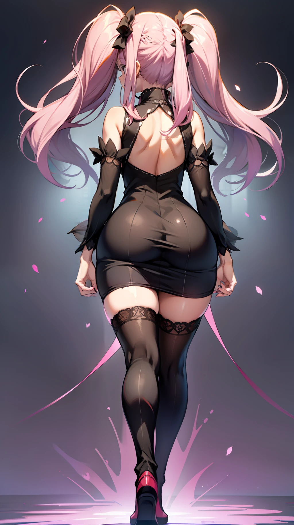 1 girl, pink eyebrows, back, big ass, tight black dress, full body, pink hair, twin tails,