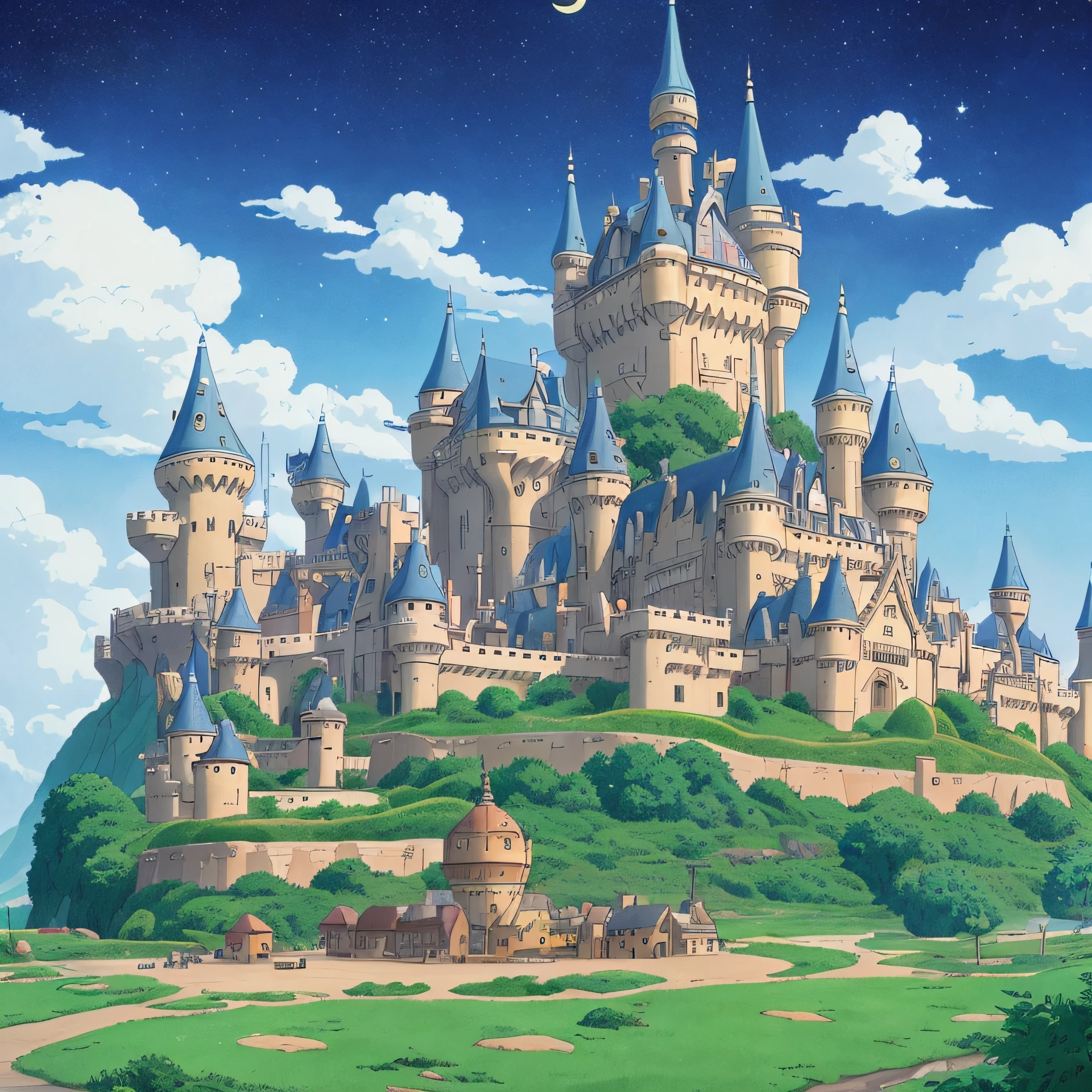 a close up of a castle in the sky with a sky background, howls moving castle, howl\'s moving castle at night, howl’s moving castle, howl's moving castle, miyazaki's animated film, moving castle, ghibli moebius, studio ghibli scheme, style of hayao miyazaki, studio ghibli concept art, in the studio ghibli anime film --auto