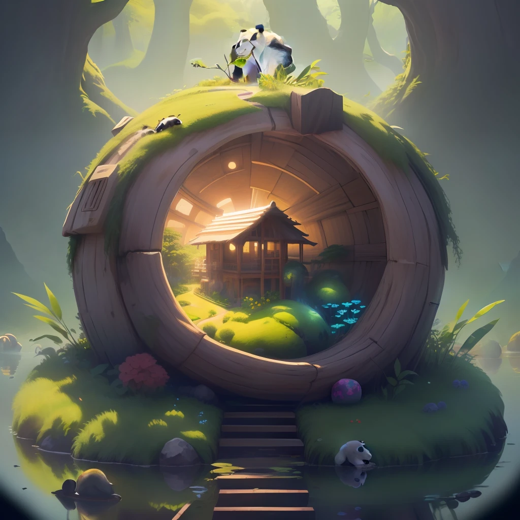 Earth Day poster depicts an adorable Chinese giant panda eating bamboo, rodeado de un tigre, a lion and an elephant on a green spherical Earth, together with trees, flores y paisajes naturales. Los colores brillantes, el contraste de luz y sombra, and ultra-high detail in 4K resolution make this poster a visually stunning and eye-catching piece that encourages environmental awareness and preservation of our precious home., la Tierra.