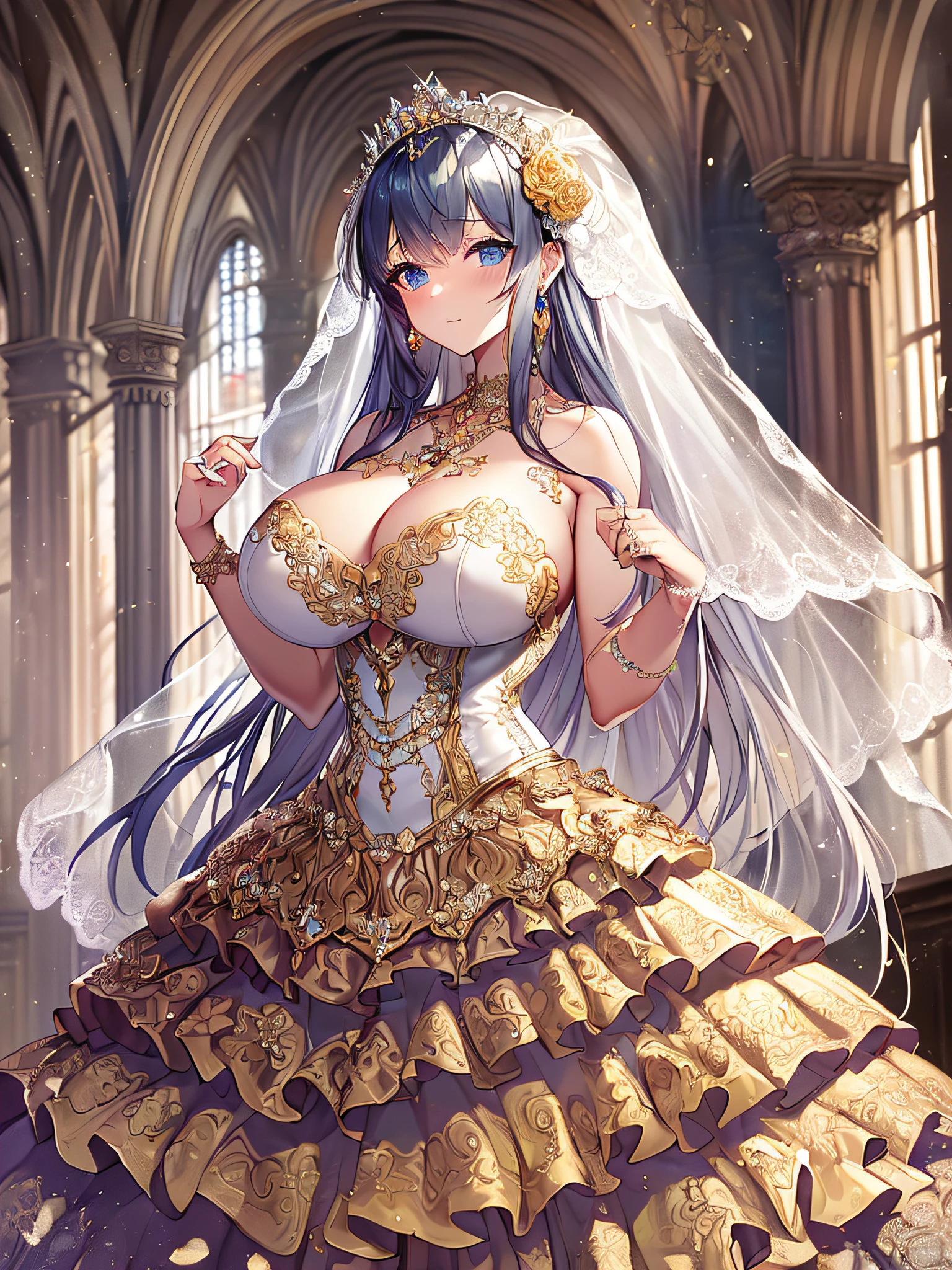 ((anime artstyle)),(Masterpiece),(Best Quality), (Super Detail),((Very Delicate and Beautiful)),Focus on character,Dynamic Angle,Looking at viewer,((Solo)),standing,((full body)),((one princess in gorgeous ball gown wedding dress with voluminous skirt)),((June bride)),detailed face and eyes,jewel-like eyes,((Very Long voluminous Hair)),gorgeous embroidery and lace,((gorgeous corsage)),See-through,(Gorgeous jewelry ornaments),Huge and luxury hair ornament,luxury tiara with jewels,ornate ruffles,((gigantic breasts,Long breasts)),indoor,church wedding,((full body)),hoop skirt,crinoline,very long wedding veil,(((fusion of jeweled wedding dress and gorgeous embroidery rococo ballgown))),