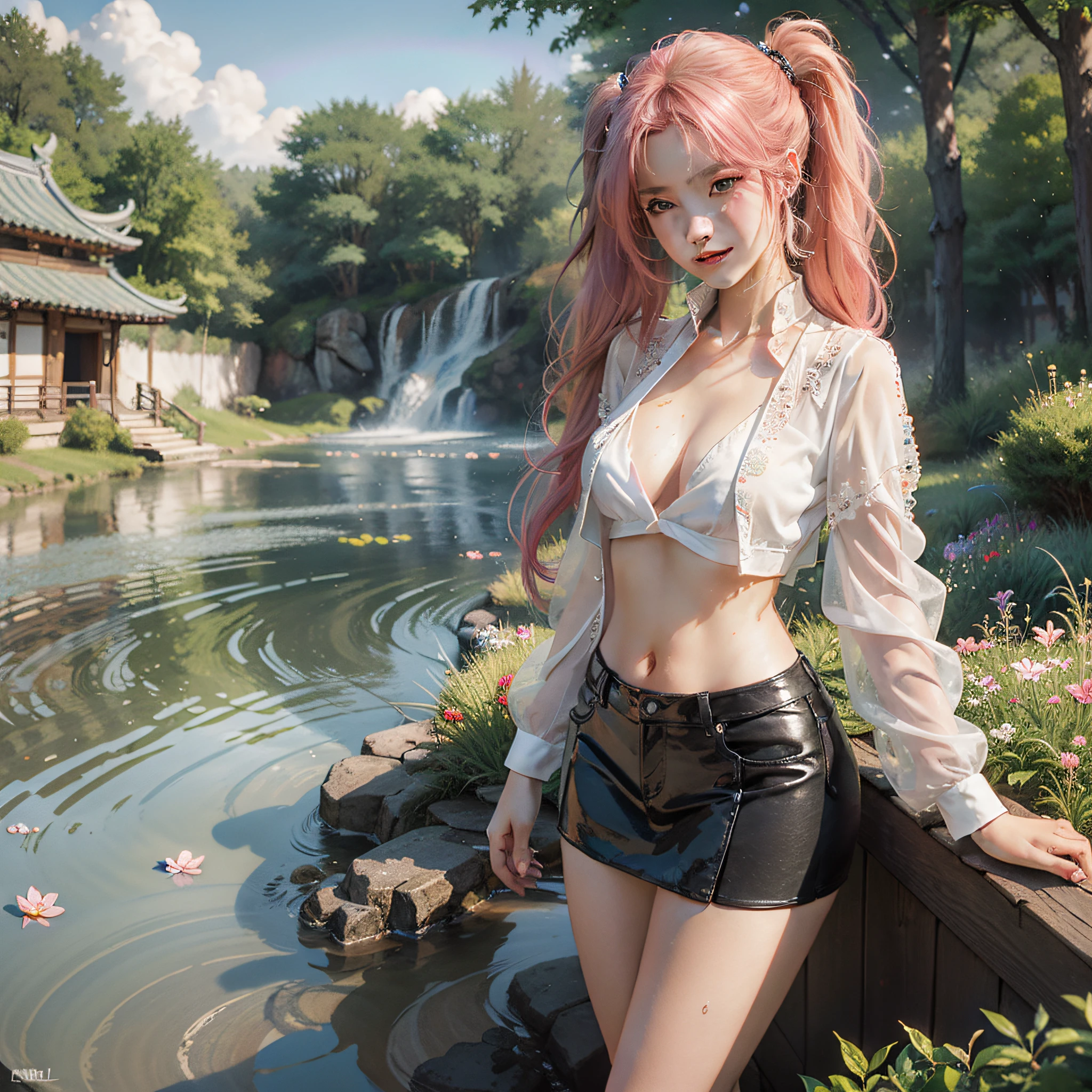 ((nilou_realistic)),((beautiful face)),( standing naturally with no pose:1.5), 1 girl,(navel), (red long hair, twin tails, skirt,crop top, long sleeves, o-ring legwear, nilou's sandals), (full body:1.3),BREAK, 1girl, solo, looking at viewer, flat bangs, (young cute beautiful 18-year-old girl:1.1), 3d face, beautiful girl, Beautiful face, pretty, girlface, kpop idol, supermodel, stunning innocent symmetry face, (hand of Guido Daniele), perfect body, medium breast, slim waist, slim legs, (high detailed skin:1.2), glowing eyes, goddess, natural skin texture, shiny skin, White skin, Beautiful detailed face, detailed face, real skin texture, cute delicate face, finely detailed face, golden ratio, golden ratio face, expressive eyes, perfect face, perfect skin, flawless face, clear face, shiny hair, pale skin, Proper body proportion, perfect anatomy, realistic skin texture, luscious lips, glossy lips, natural makeup, beautiful bright pupils, slender figure, intricate eyes, detailed pupils, detailed face and eyes, longeyelashes, blush, good hand, perfect hands, pretty face, beautiful female bodies, finely detailed skin, oily shiny skin, BREAK, (((((golden hour, Sakura tree background, petals falling, dawn light, cobblestone pathway, building pavilion, chinese buildings, moutains, misty lake, ancient chinese background, puddle, after the rain, wet grass and trees, (sky overcast with a rainbow), (sunlight reflection), flower sea, in a meadow, (waterfall:1.2), ((breeze)), flying splashes, flying petals, leaves, nature, river, (forest), (bloom), bloom effect, detailed beautiful grassland with petal, flower, butterfly, petal, (((surrounded by heavy floating petal flow))), flowers, red lips, (chinese style countryard), (pond),(Luminescent Particles:1.4), (glow:1.1), beautiful sunset, wind, fog, (Pink hair:1.3), outdoors,(ahoge), (violet eyes), (golden accessories), (iridescent colors), watercolor, available light, detailed light, smile, volumetric fog, beautiful lighting, colorful refraction, Rembrandt lighting, Cinematic, pixel art, game art, key visual, surreal, PBR Texturing, Anisotropic Filtering, Maximum Clarity And Sharpness, Albedo And Specular Maps, Multi-Layered Textures, Surface Shading, Sub-Pixel Convolution, Sub-Pixel Convolution, Accurate Simulation Of Light-Material Interaction)))), BREAK, (PureErosFace_V1:0.5), (ulzzang-6500:0.5), (kbxll:0.6),