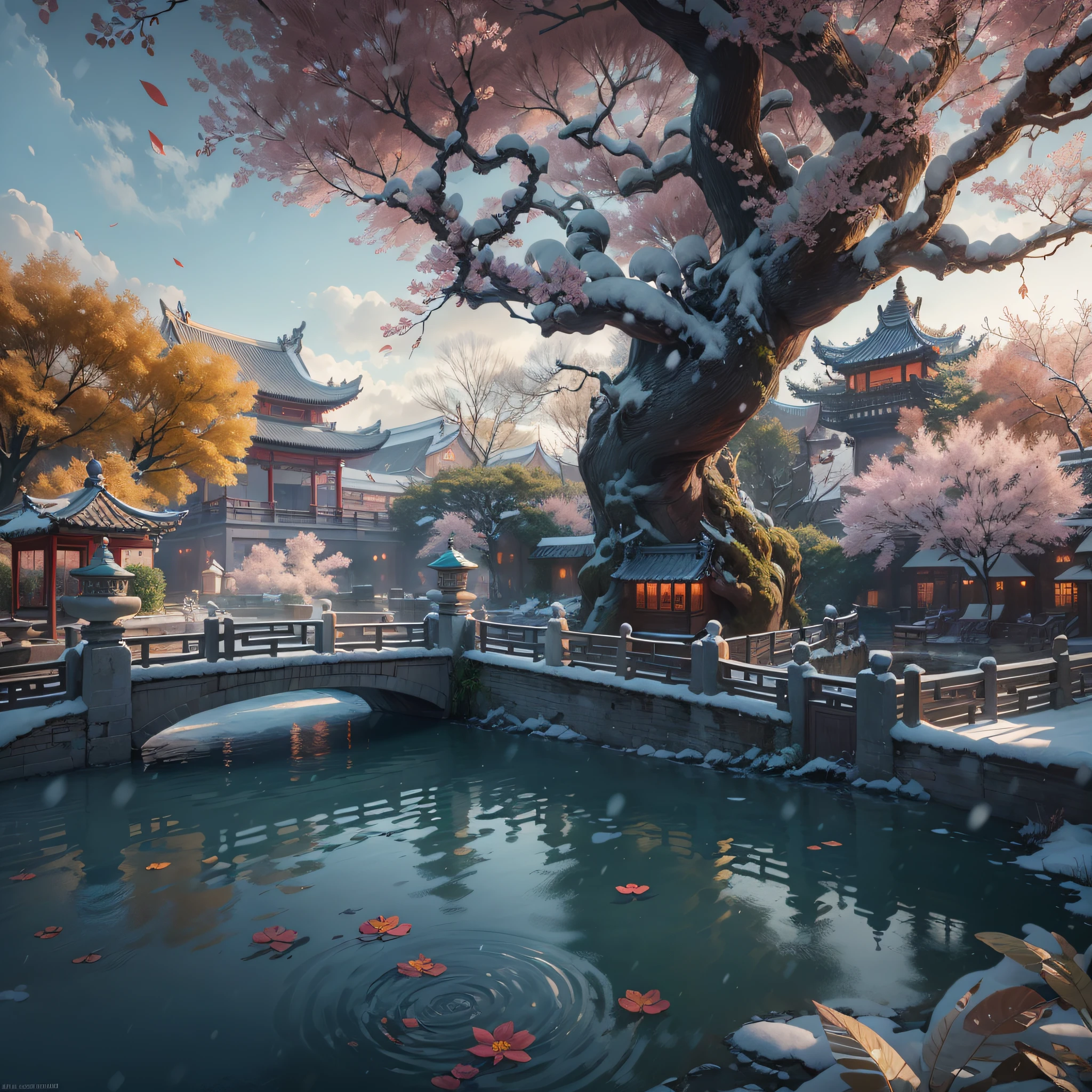 Masterpiece, best quality, high quality, extremely detailed CG unity 8k wallpaper, classical Chinese garden, landscape, amsterdam, winter, ((snowing)), outdoor, sky, daytime, landscape, water, tree, blue sky, waterfall , nature, lake, river, cloudy sky, award winning photography, bokeh, depth of field, HDR, bloom, chromatic aberration, photorealism, very detailed, trending on artstation, trending on CGsociety, intricate, high detail, dramatic, midjourney art
