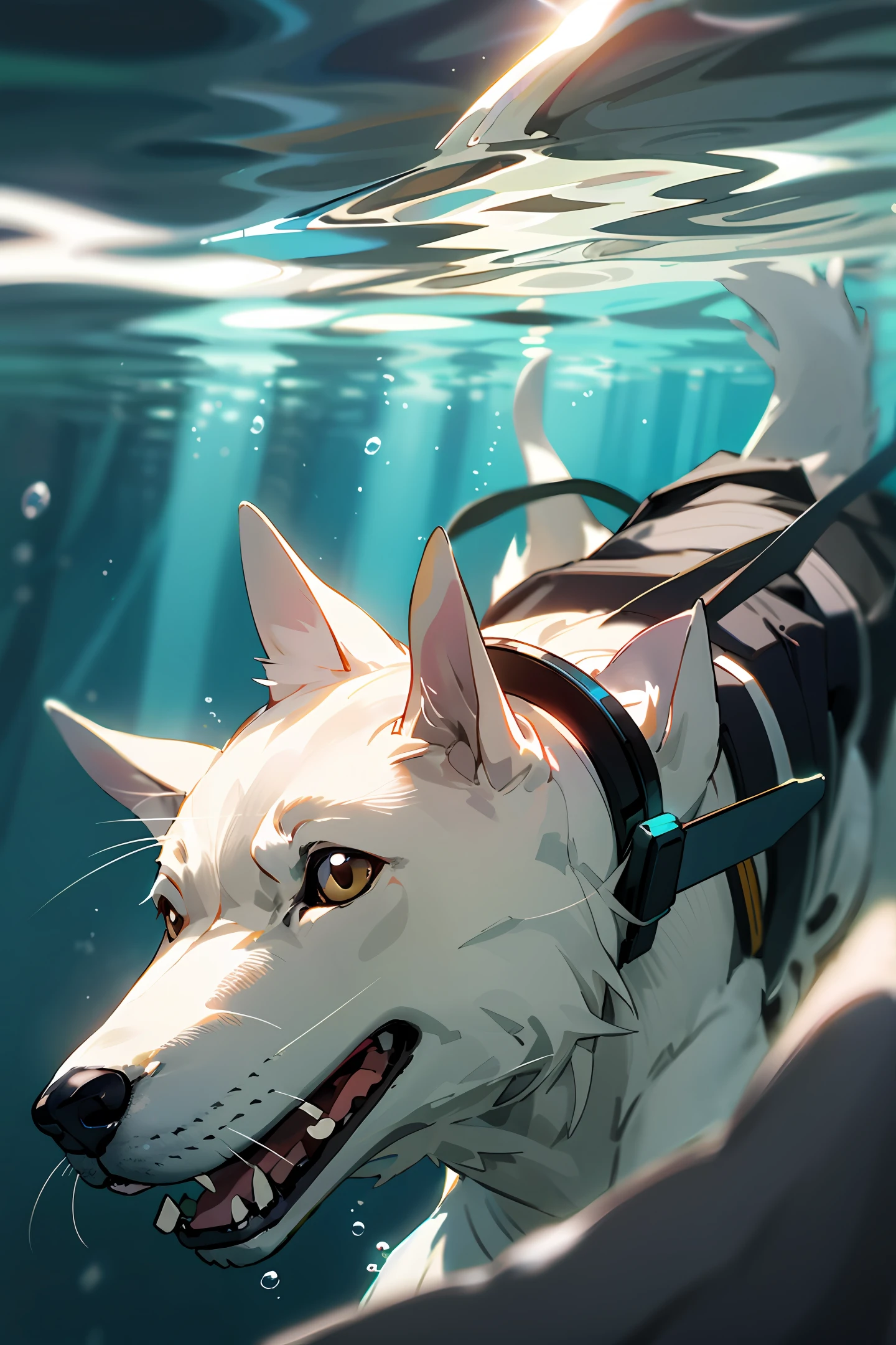 The sun is underwater，城市，White dog with black headphones，sci-fy，hyper realisitc