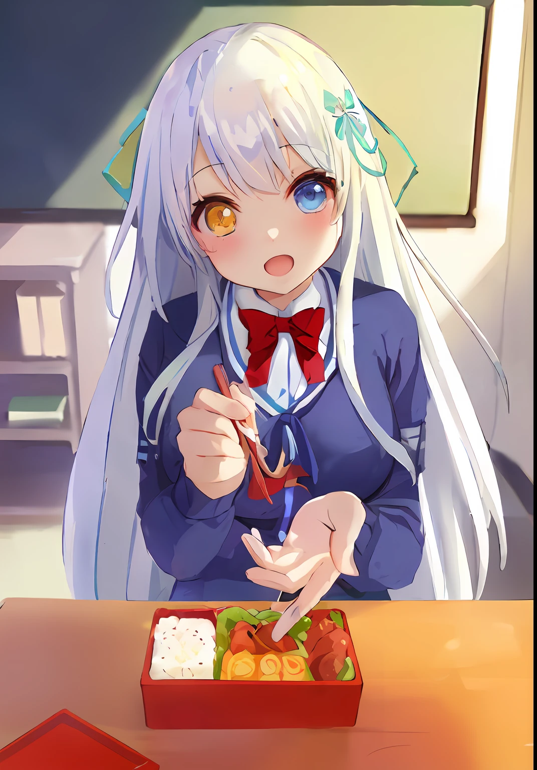 masterpiece, best quality, 1girl, classroom, room, vestia zeta, table, petite, large breasts, looking at viewer, heterochromia, school uniform, blue hair ribbon, food on table, bento, yellow eyes, blue eyes, open mouth, red ribbon, light blue sweater, long hair, cheerful, white hair,