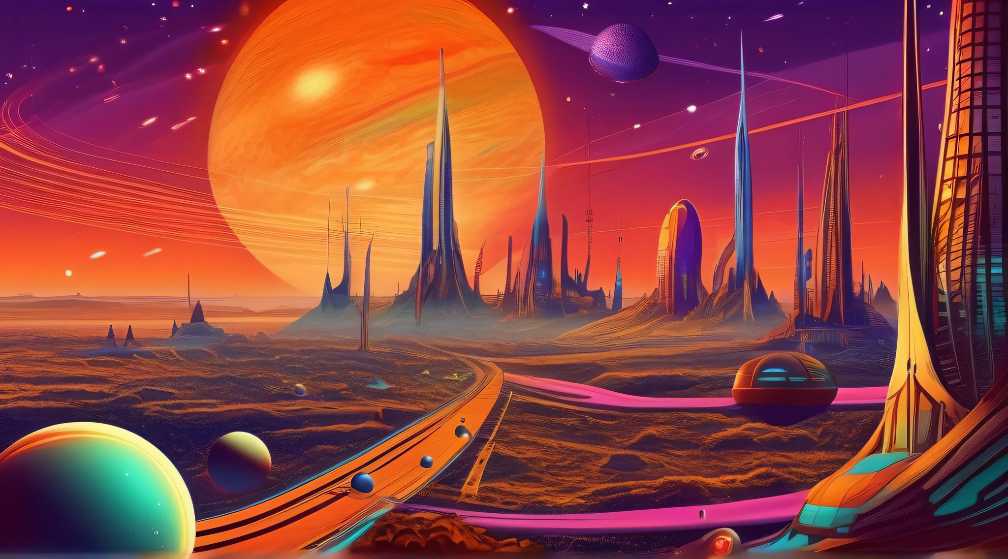 Filmstill, Actionfilm-Fotografie, Stunning artwork for Majestic t-shirt graphic, Vivid color magnificent funny alien with planets and solar system in the background, Rakete vom Boden aus starten, A lively atmosphere with a sunset over a futuristic city, mit einem brillanten Farbhimmel und einem Hauch von Orange am Horizont, colorful shades, zentriert, Highly detailed, Sauberes Vektorbild, hyperRealistisch, hyperdetailliert, FotoRealistisches Meisterwerk, Lumitronic-Effekt, Kinetische Wirkung, Professionelle Fotografie, Realistisch, Flat white background, isometrisch, Lebendiger Vektor, Clipart, Illustration, realismus, 4K, Surrealismusus, filmisch, Vorderansicht, white background --c 50 --ar 3:2