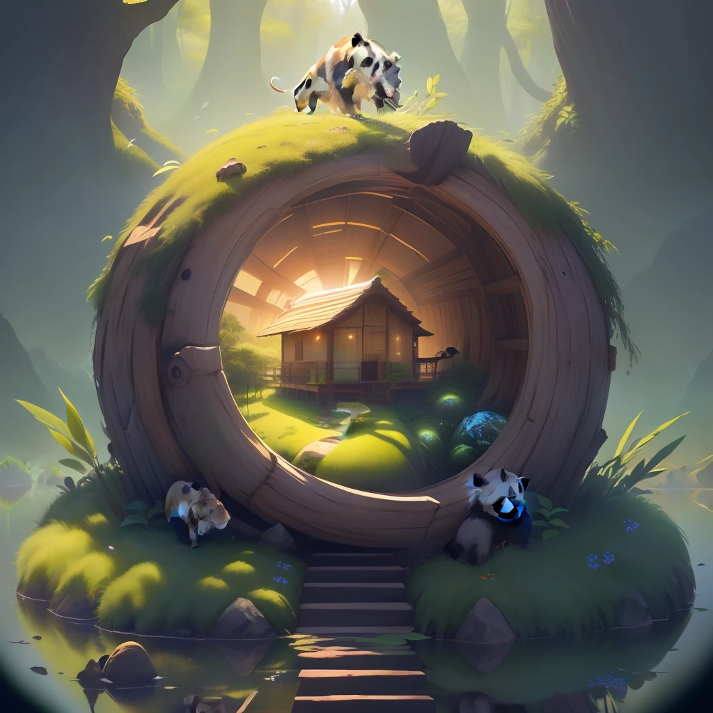 Earth Day poster depicts an adorable Chinese giant panda eating bamboo, rodeado de un tigre, a lion and an elephant on a green spherical Earth, together with trees, flores y paisajes naturales. Los colores brillantes, el contraste de luz y sombra, and ultra-high detail in 4K resolution make this poster a visually stunning and eye-catching piece that encourages environmental awareness and preservation of our precious home., la Tierra.
