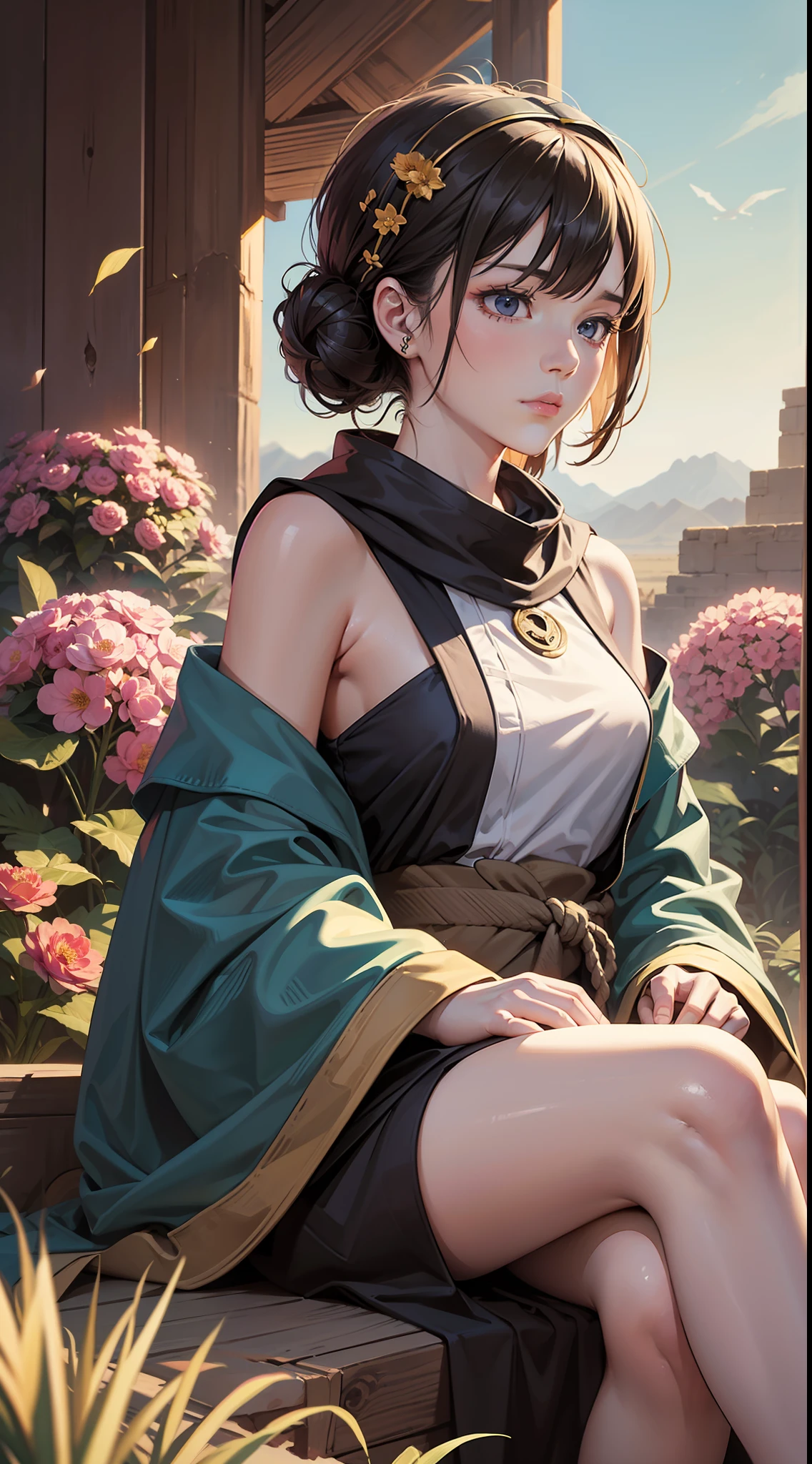 (Jedi Meditation: 1.3), Tranquility Photo, 1 Girl, Jedi Master in Deep Meditation, Dressed in Jedi Costume, Sitting Cross-legged, (Desert Oasis: 1.1), Surrounded by Blooming Desert Flowers, Harmony with the Force, Spiritual Retreat, Transcendent Serenity, Desert Enlightenment, Absurdity, HDR, Ultra-Detailed Illustrations, Extremely Detailed Faces, RAW Photos, Film Particles, Skin Pores, Deviant Art Trends