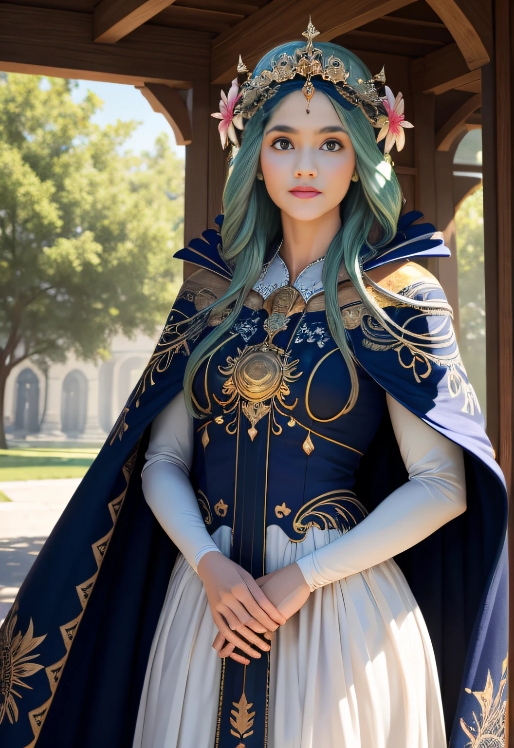(realistic:1.1), (photorealistic:1.2), best quality, masterpiece, detailed background, detailed face, detailed skin texture, real shadows, realistic lighting, dramatic lighting, natural lighting,
BREAK
defRhea, headdress, hair flower, tiara, blue cape, long white dress