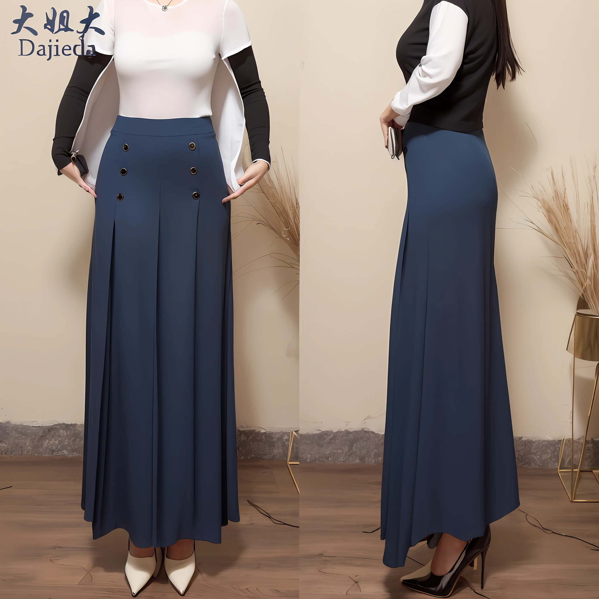 A woman in a black shirt and blue dress，Black  top, wide leg hakama trousers, with a thin waist, Long skirt, Large pants, decorative dark blue clothing, Dark blue, navy-blue, Women's long skirt, wide skirt, dressed in long fluent skirt, Navy blue, skinny waist and thick hips, 155 cm tall, blue skirts