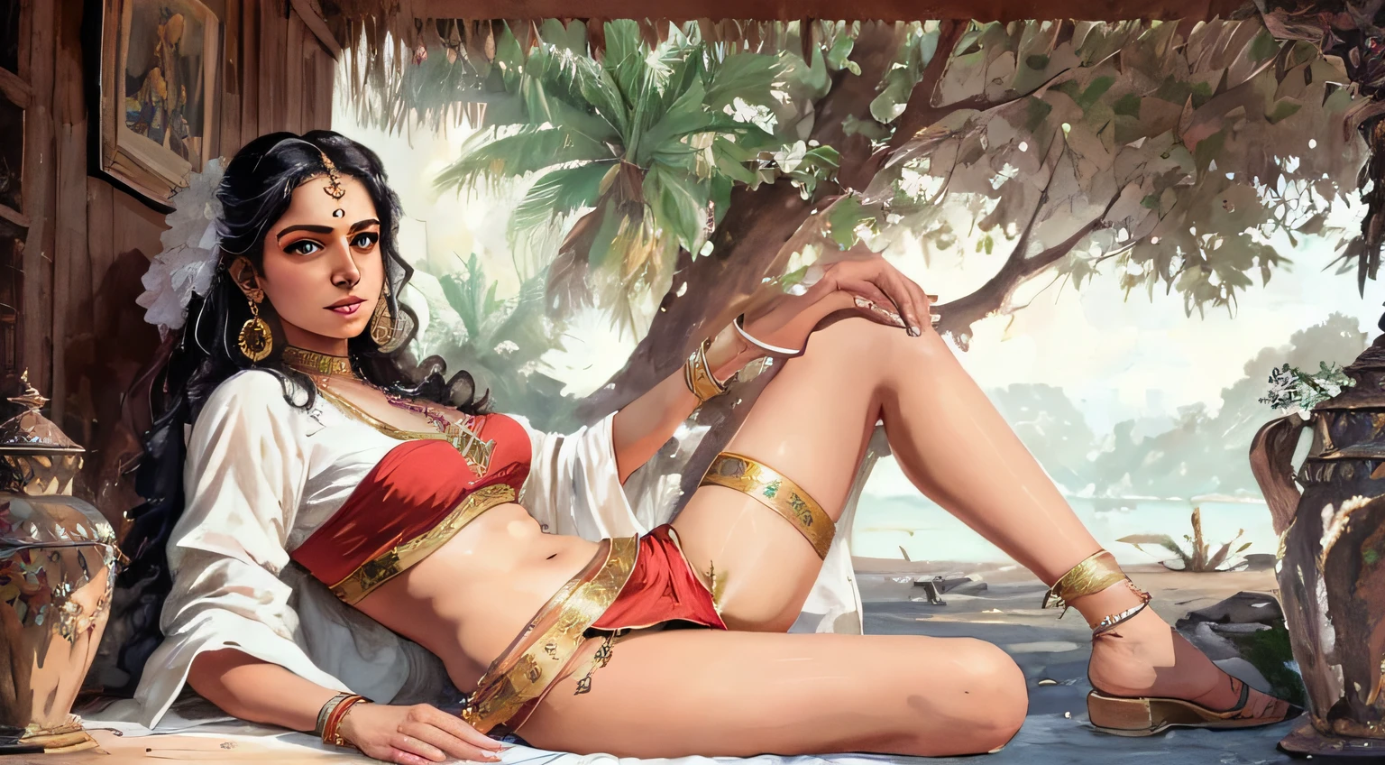 Reclining Nair Lady by artist Raja Ravi Varma, Realistic, 8K, ultra-detailed, Unreal Engine, midjourney art style
