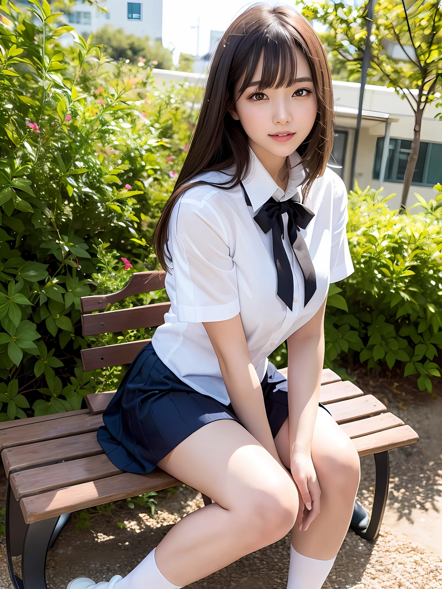 masterpiece, 1girl in 1photo, full body shot, front view, young pretty girl in Japan, 18 years old, sitting on a bench in a garden of a high school, a big smile, glamorous figure, wearing a short sleeve shiny satin white shirt with white collar, a shiny red satin plain bow tie, wearing a long length dark blue pleated skirt, white socks, black leather shoes, super cute face, glossy lips, double eyelids for both eyes, natural makeup, long eyelashes, shiny smooth light brown hair of long bob hairstyle, asymmetrical bangs, tanned skin, center image, 8K resolution, high resolution, detailed hairstyle, detailed face, spectacular movie lighting, octane rendering, vibrant, hyper realistic, perfect limbs, perfect anatomy