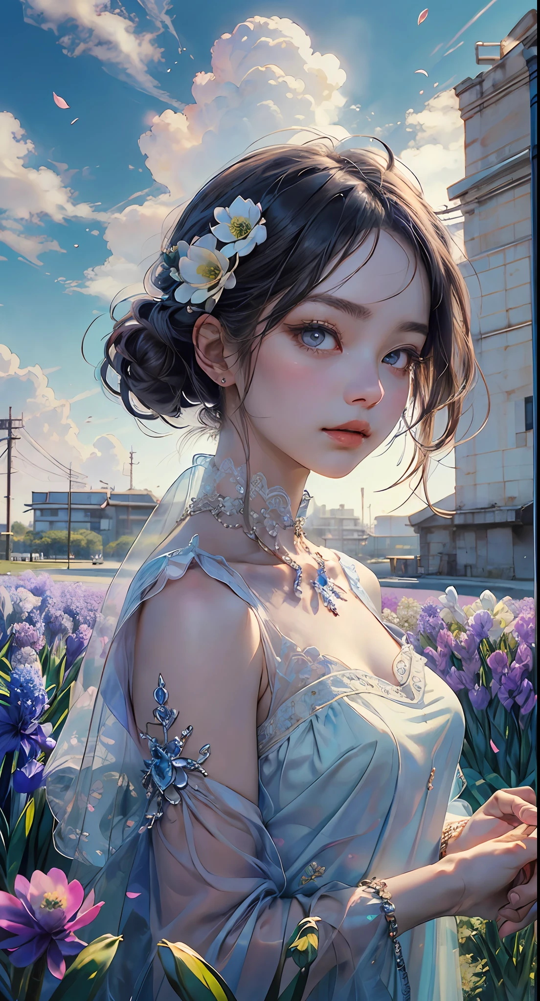 ((​masterpiece、top-quality))、(1girl in、独奏:1.4)、beatiful detailed eyes、Vivid cloudy sky、florals、anemone\(florals\)、narcissus、hyacinth、flower petals、Draw a distant view