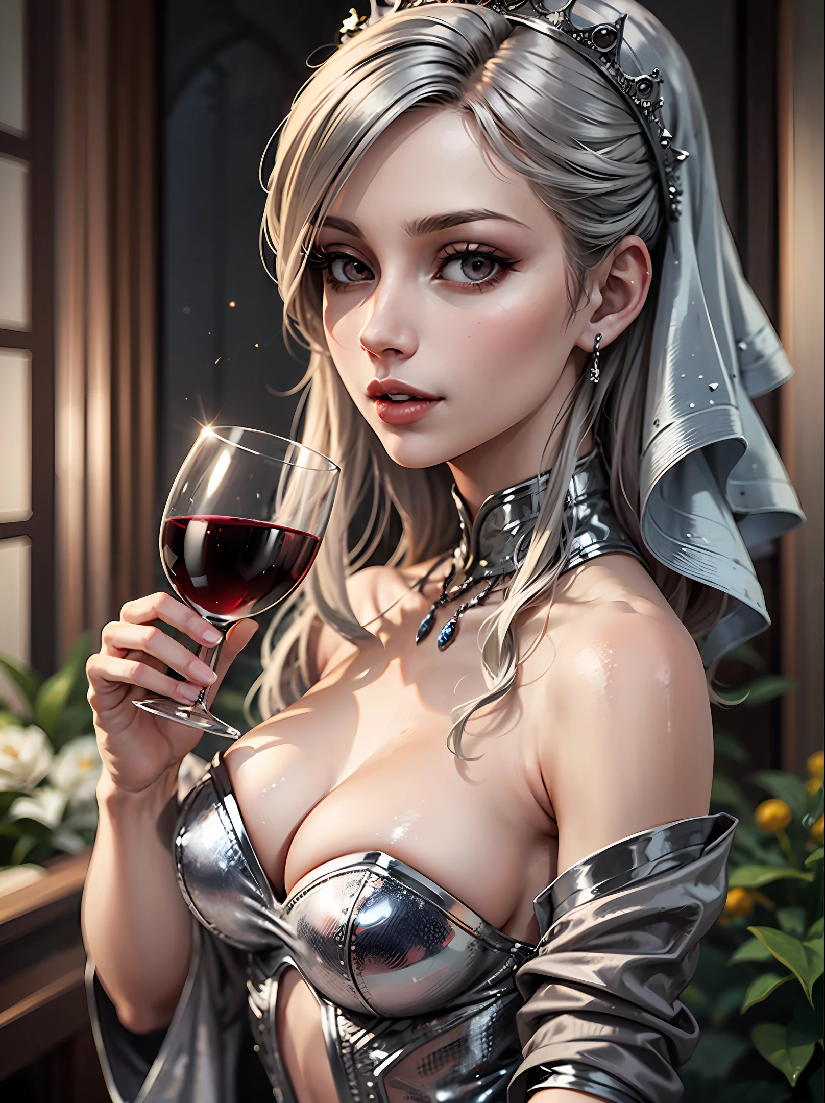 A young female vampire, beautiful, in a silver gown, holding a glass of wine in her hand. --auto --s2