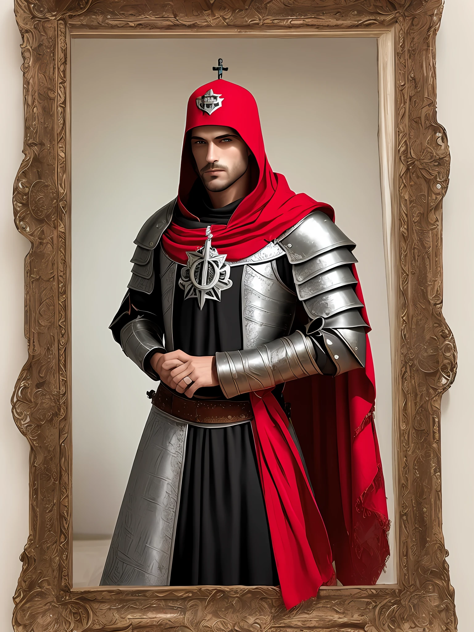 Homem barbudo, vestido manto branco, com cruz vermelha, covering the head. Inspired by the Knight Templar, inspirado em jacques demoley, inspirado em jaques de moley,