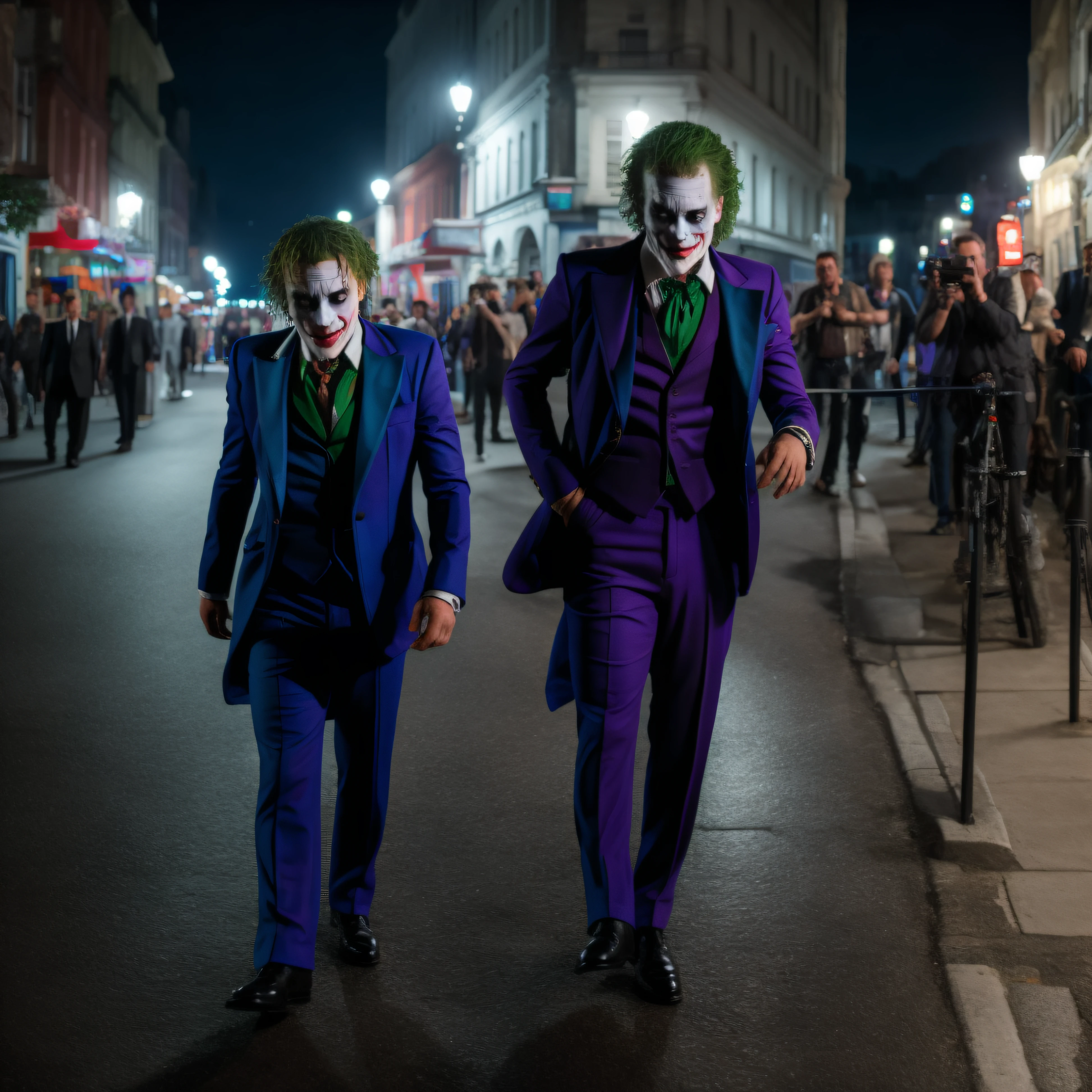 sks man (pity:1) dressed like (the joker:1) , full body, a night in the street, high detailed, hyperealistic, 8k,