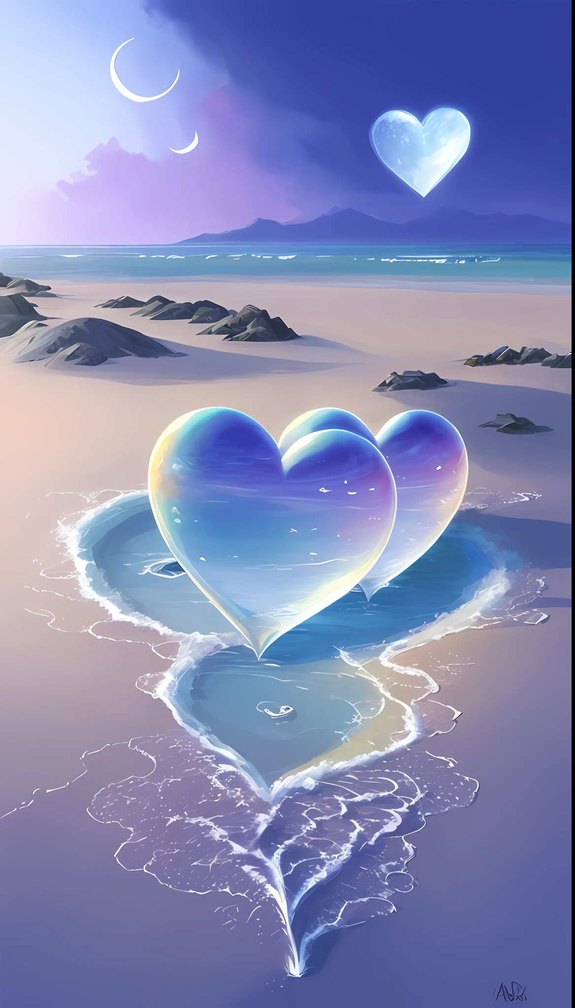 There are two hearts on the beach,Background is the beach, beautiful digital art, beautiful gorgeous digital art, concept art of love, stream of love and happiness, red peach, author:Alison Kinaird, magic heart, Heart, DreamlikeArt, Beautiful digital artwork, dreamy and romantic, gorgeous digital art, Inspired by Alison Kinnelld, inspirada em Christophe Vacher
