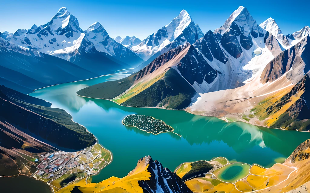 (charming view) of a (high resolution)
(lake) surrounded by the imposing (K2 mountain)
(seen from a bird's eye view) with an emphasis on the (vivid and bright)
(colors of the landscape), (crystal clear water), and (majestic peaks).