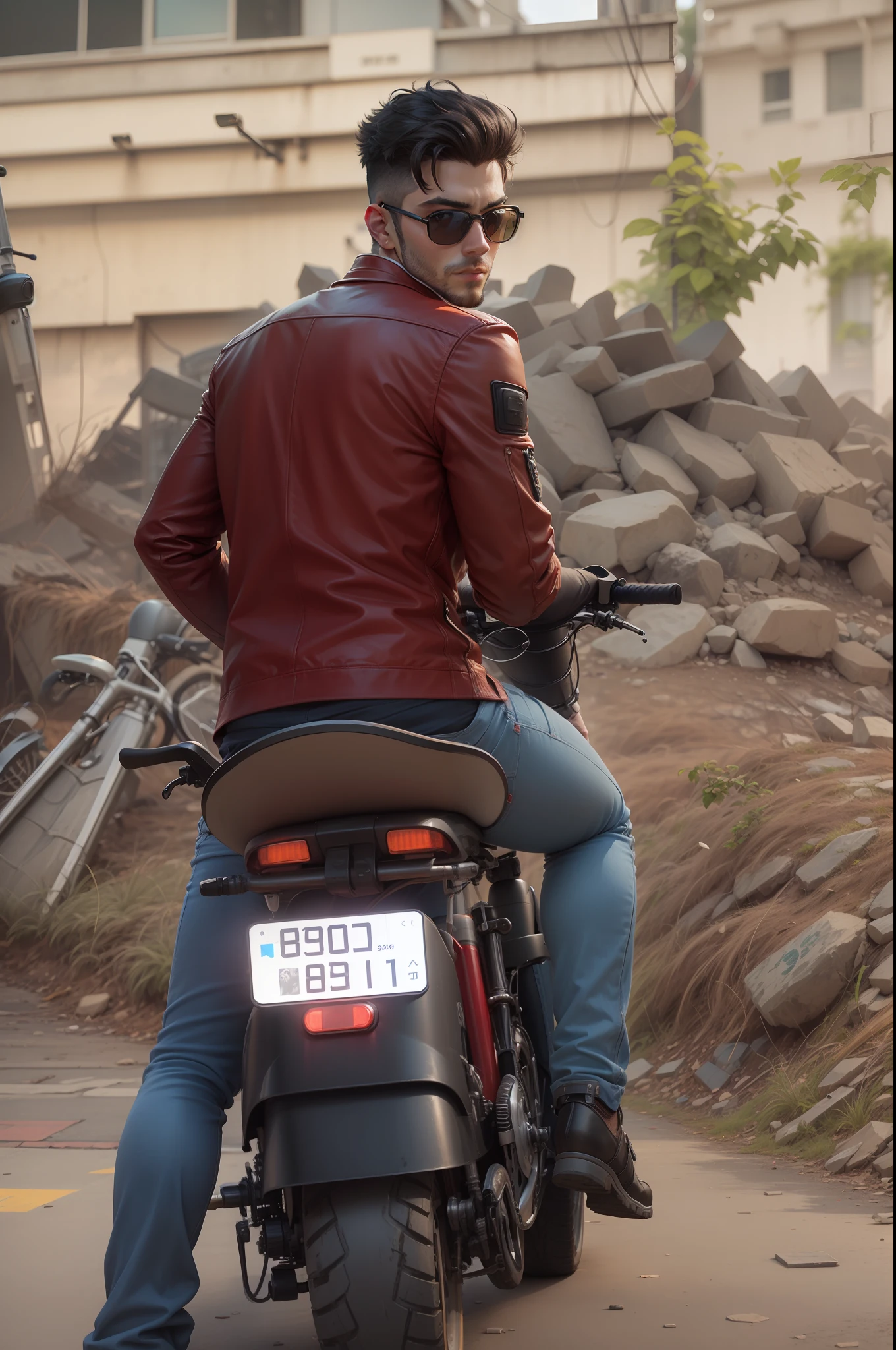 Background change cyberpunk handsome boy with bike ultra modem realistic face