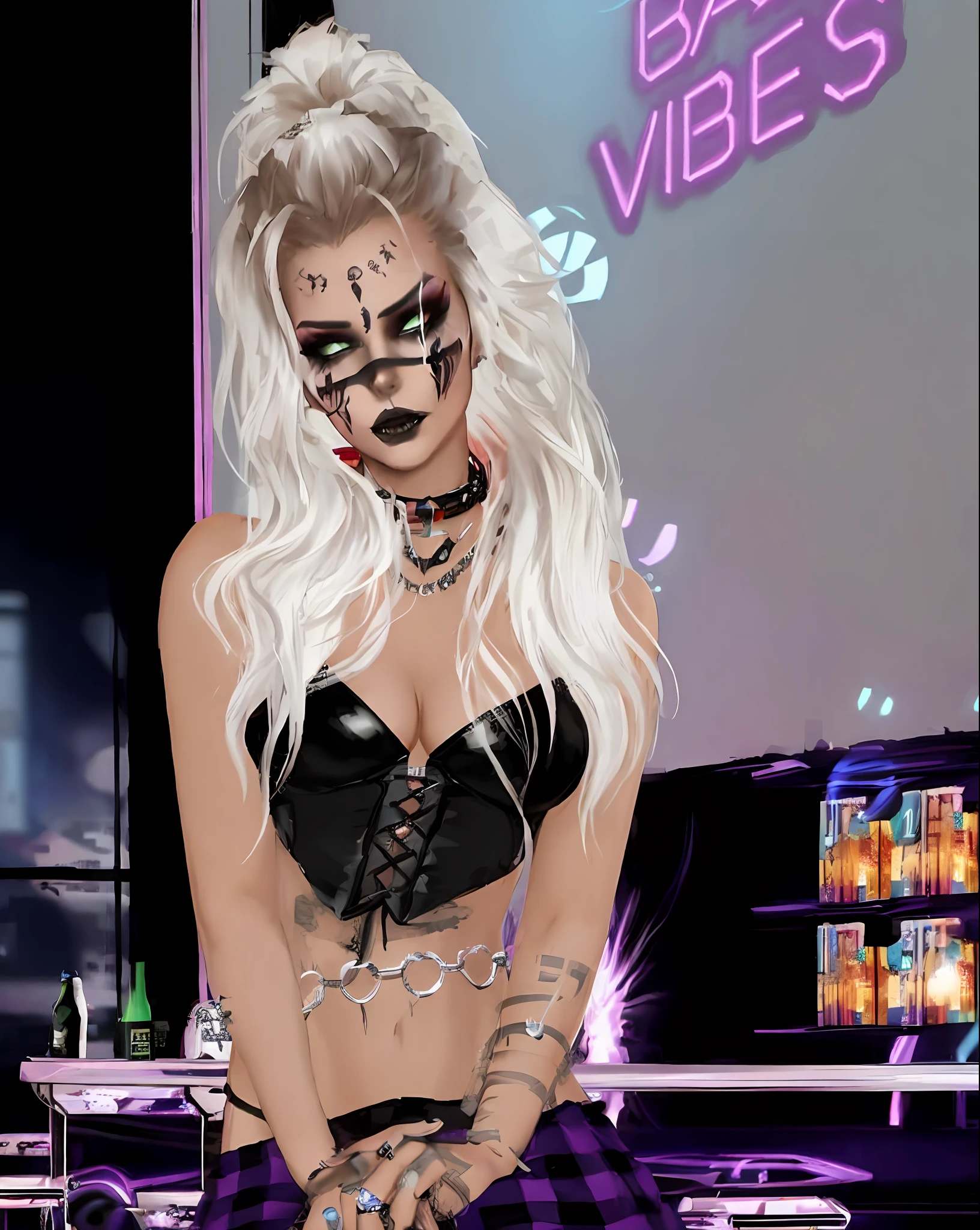 there is a woman with a face paint and a black top, imvu, cybergoth, goth vibe, cyber punk setting, gothic horror vibes, cyberpunk vibe, second life avatar, horror vibes, cyberpunk vibes, horror vibe, dark vibe, cyber universe style, wild rave outfit, sinister vibe, dark vibes, anime vibes, in cyber punk 2077