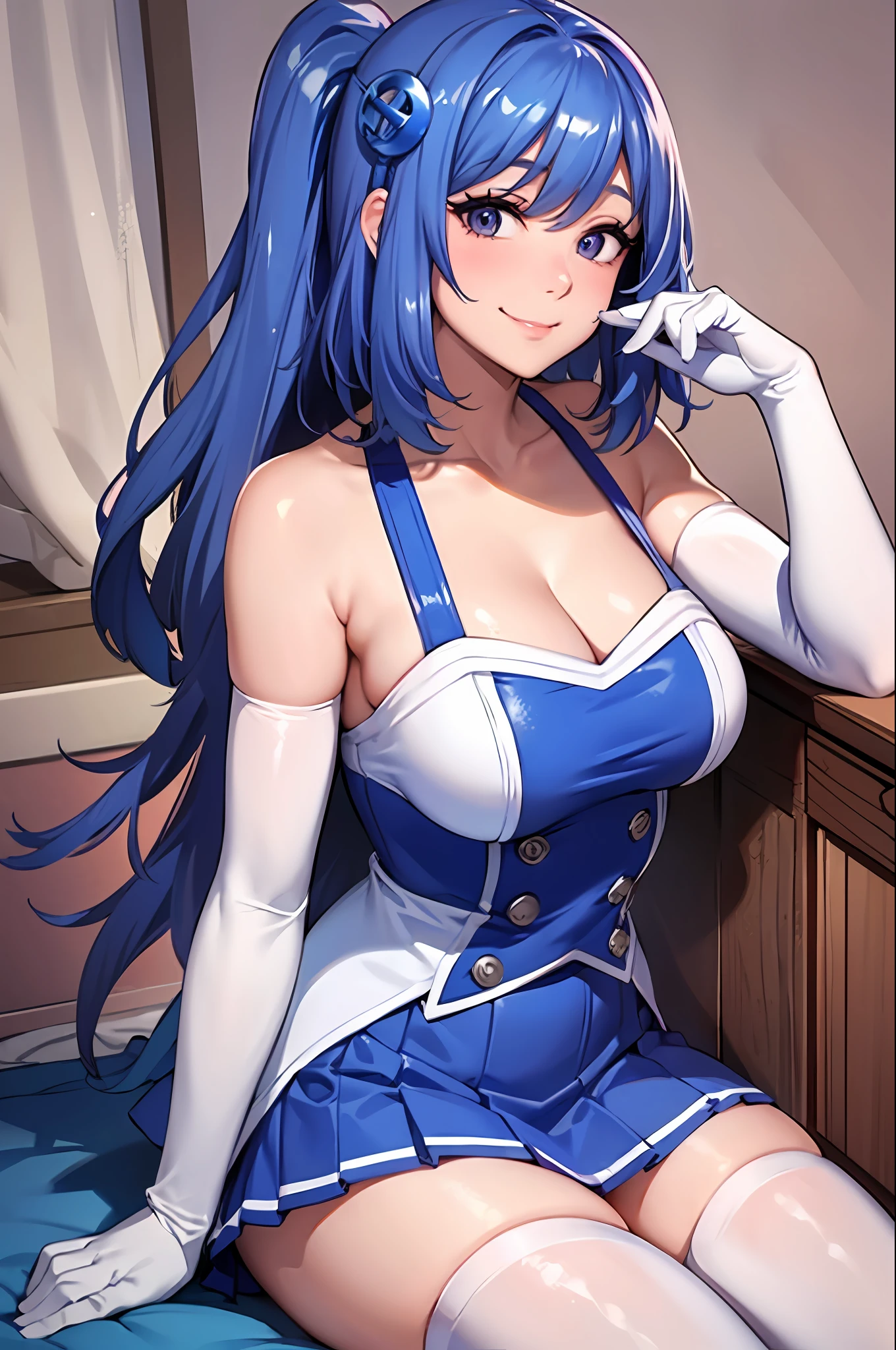 iechan,long blue hair,hair ornament,large breasts,bare shoulders,white elbow gloves.collarbone,side ponytail,white thighhighs,blue dress,pleated skirt,sitting on floor with a smile looking at viewer very curiously,