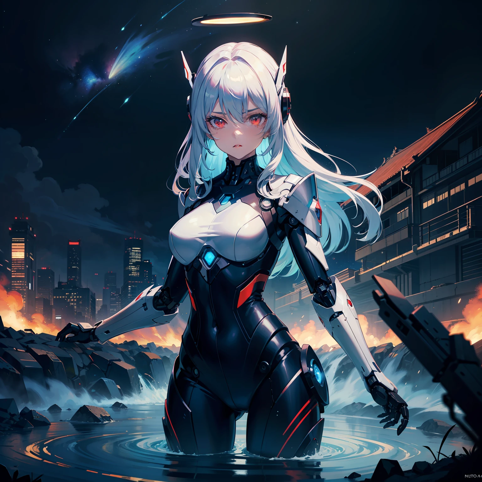 masterpiece,best quality,ultra-detailed,very detailed illustrations,extremely detailed,intricate details,highres,super complex details,extremely detailed 8k cg wallpaper,cowboy shot, caustics,reflection,ray tracing,demontheme,nebula,dark aura,cyber effect, (1girl:1.4),solo,alone,mecha musume,mechanical parts, robot joints,single mechanical arm, headgear, mechanical halo,star halo,intricate mechanical bodysuit, mecha corset, full armor, very long hair,white hair, hair between eyes, multicolored hair, colored inner hair, red eyes,glowing eye,eye trail, random expressions,random action, ancient japanese architecture,pond, starry sky,skyline,