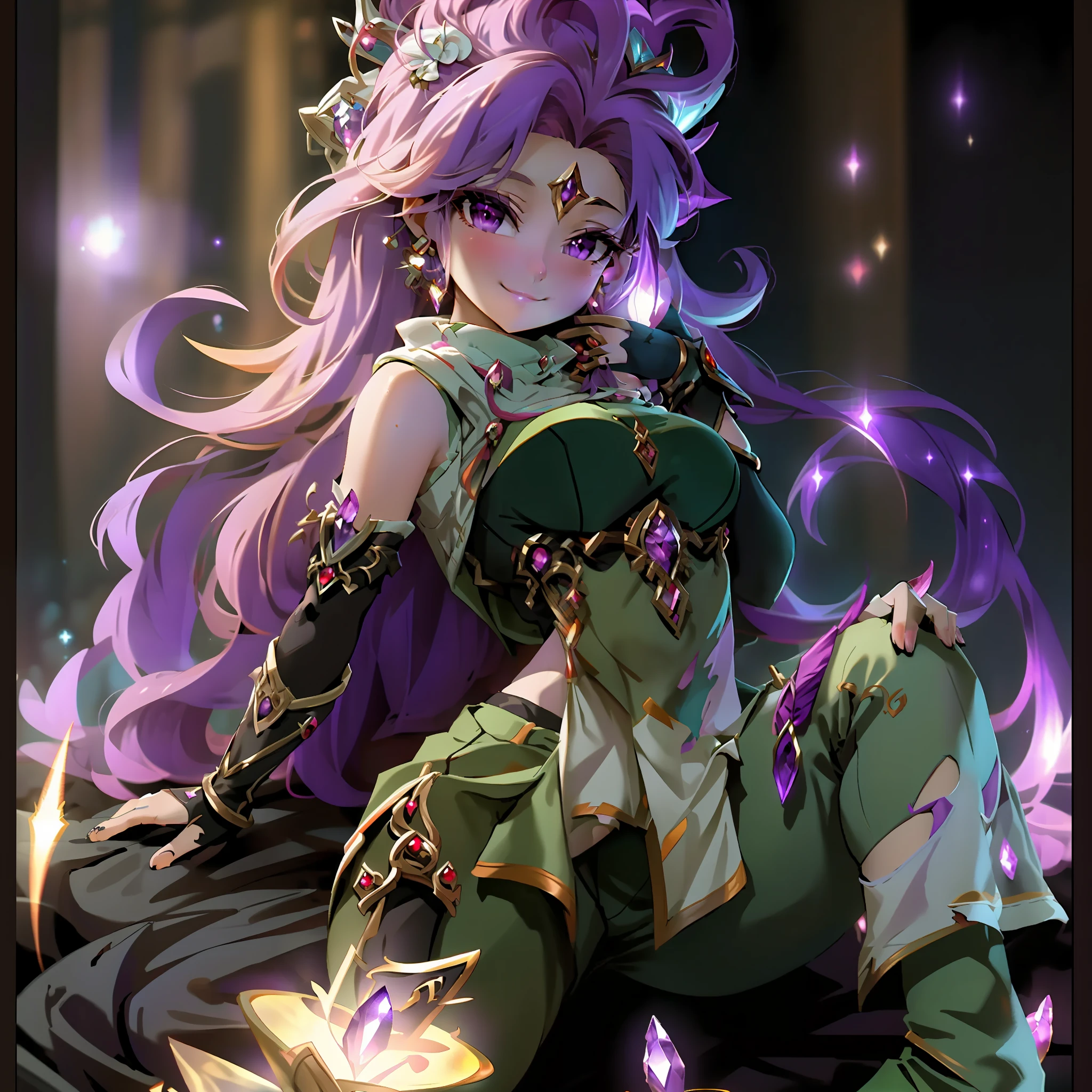 Masterpiece, Best quality, Zoe,  In space with huge galaxies, Smile, Anime style，The main color is purple，sorceress woman，league of legend，Illustration style，mitts，Screen Living，Pedal pants，amethyst  earrings，Purple toenails，Torn clothing，spread their legs，full bodyesbian，at centre。