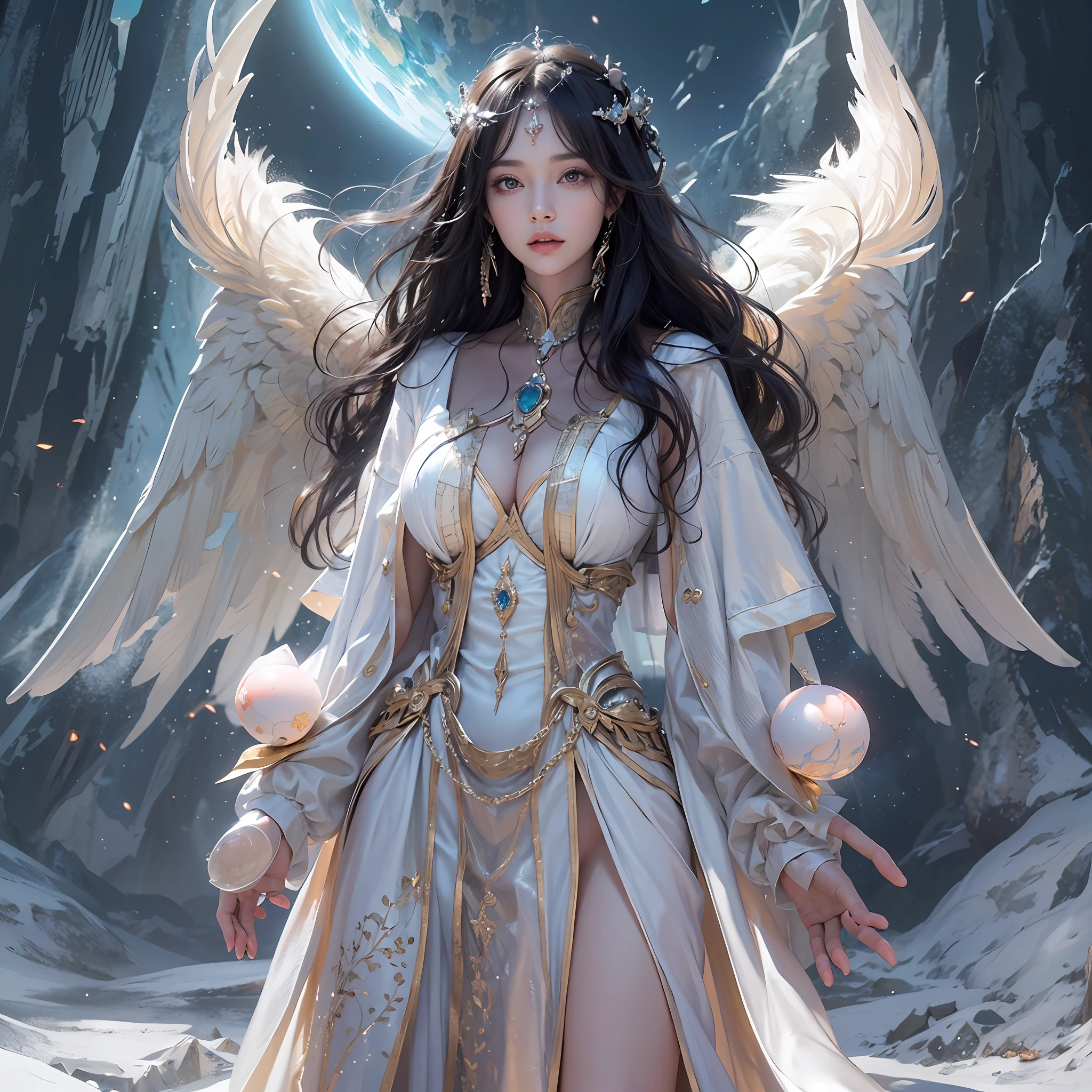Female magician，（best qualtiy，8K，tmasterpiece:1.3），Goose egg face，largeeyes，long eyelasher，With bangs，Cool handsome，Domineering，Exquisite（live-action realistic style），Star-like eyes，Ultimate face，Photorealistic light and shadow，Clear facial features，Milky white skin，Fair skin， highdetailskin， Realistic skin details， Visible Pore，（Super detail），Petite body，Carmelto， full bodyesbian，She wears long loose black hair and reaches her waist，（hair flowing）， Smoothness，Huge wings，Crystal wings，（Super detail），Beautifully decorated，（（dynamicposes））），（（sexyposture））），Walk in the void，（Two ice planet backgrounds（Binary orbital flight）），space，salama，Dramatic scenes，Huge snowy mountains，NSFW：1.07