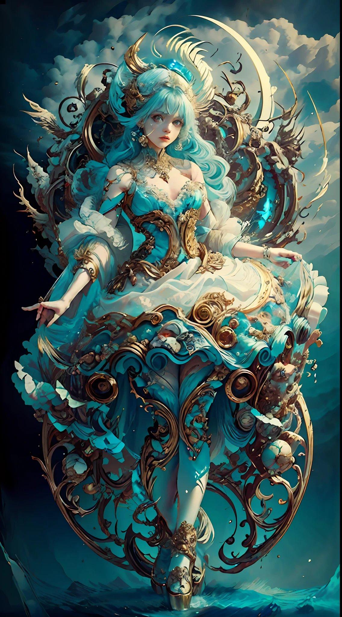 （（Bestquality））， （（A Masterpiece））， （（realisti））， portraits，1girle，full body portrait， celestial bodies， The god， a goddess， Light particles， Halo， looks at the viewer， Firm eyes， Bare Shoulders， Chest tube parietal， Poker face，（bioluminescense：0.9 girls 5）Ocean， bioluminescense， full of energy， colorful，，，，， colour， （bioluminescence， bioluminescence），（Beautiful composition）， Cinematic Lights， Wheels within wheels， （symmetric：0.5 girls）， Whimsical，